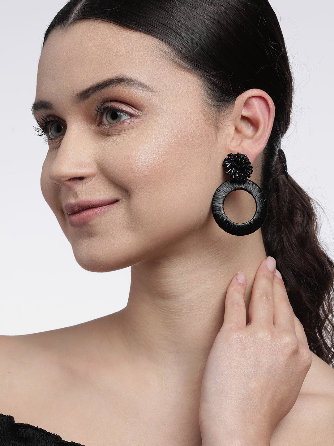 Blueberry black beaded and rafia drop earring
