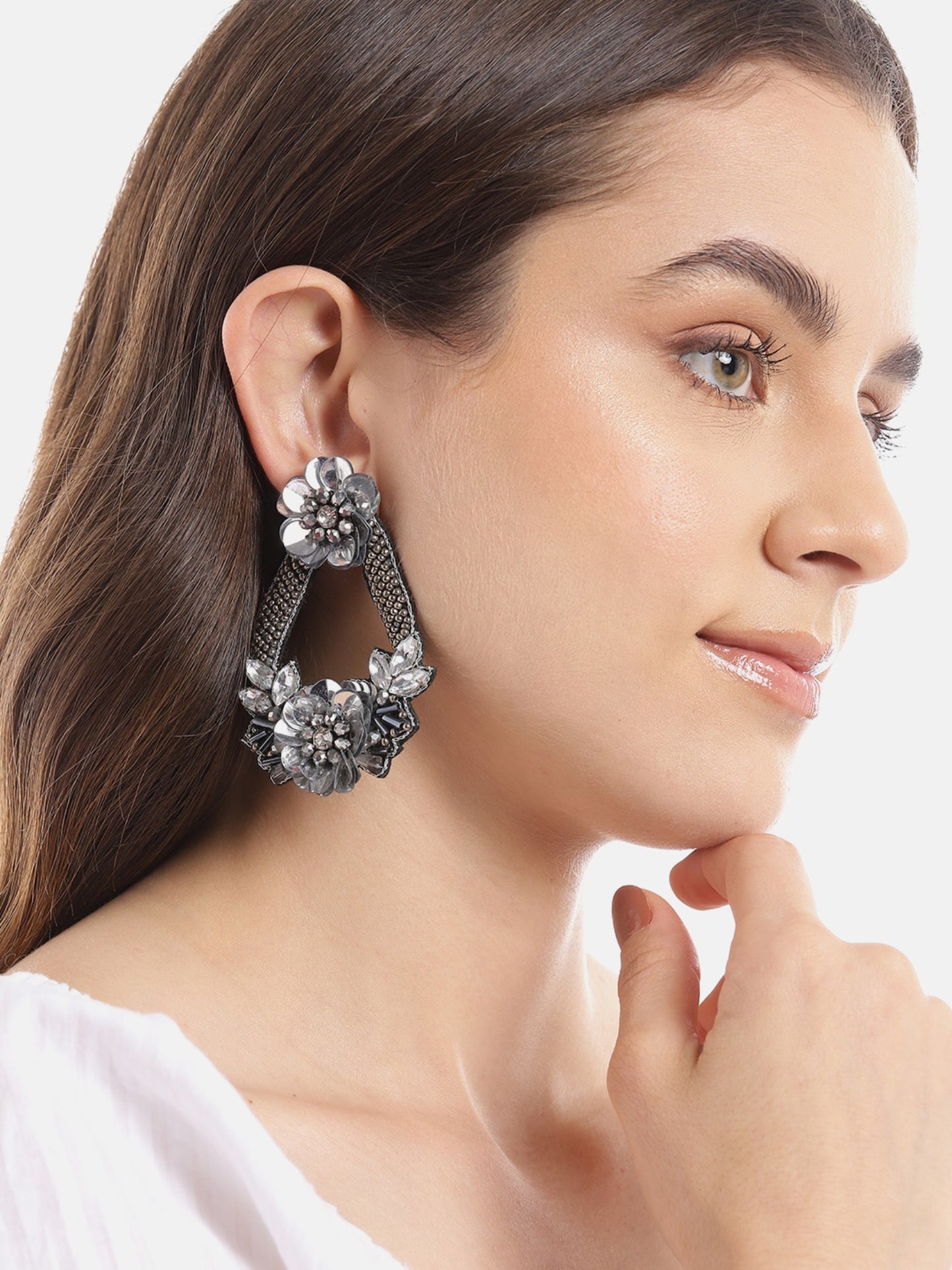 Blueberry silver beaded embellished drop earring