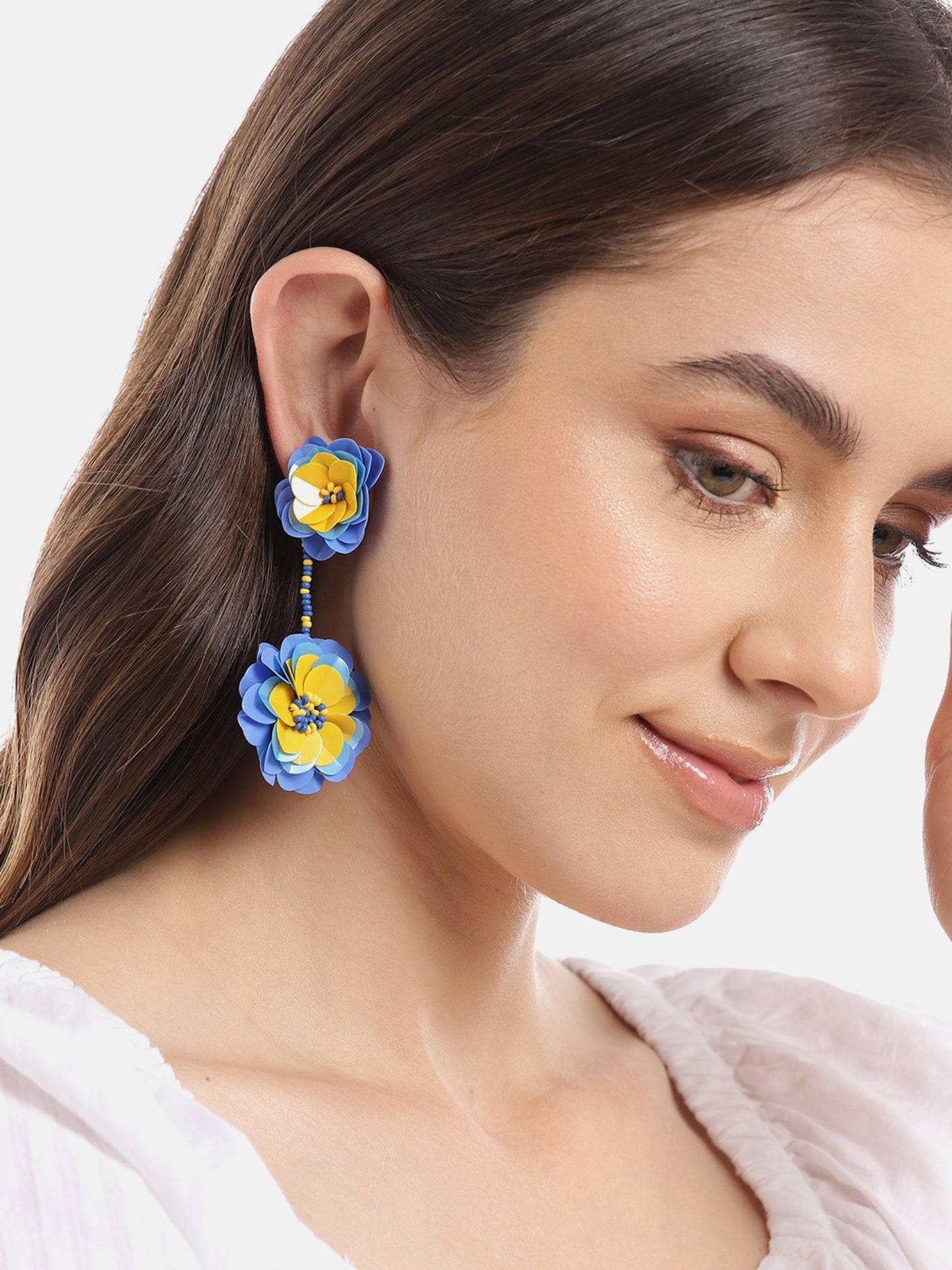 Blueberry blue and yellow sequence embellised drop earring
