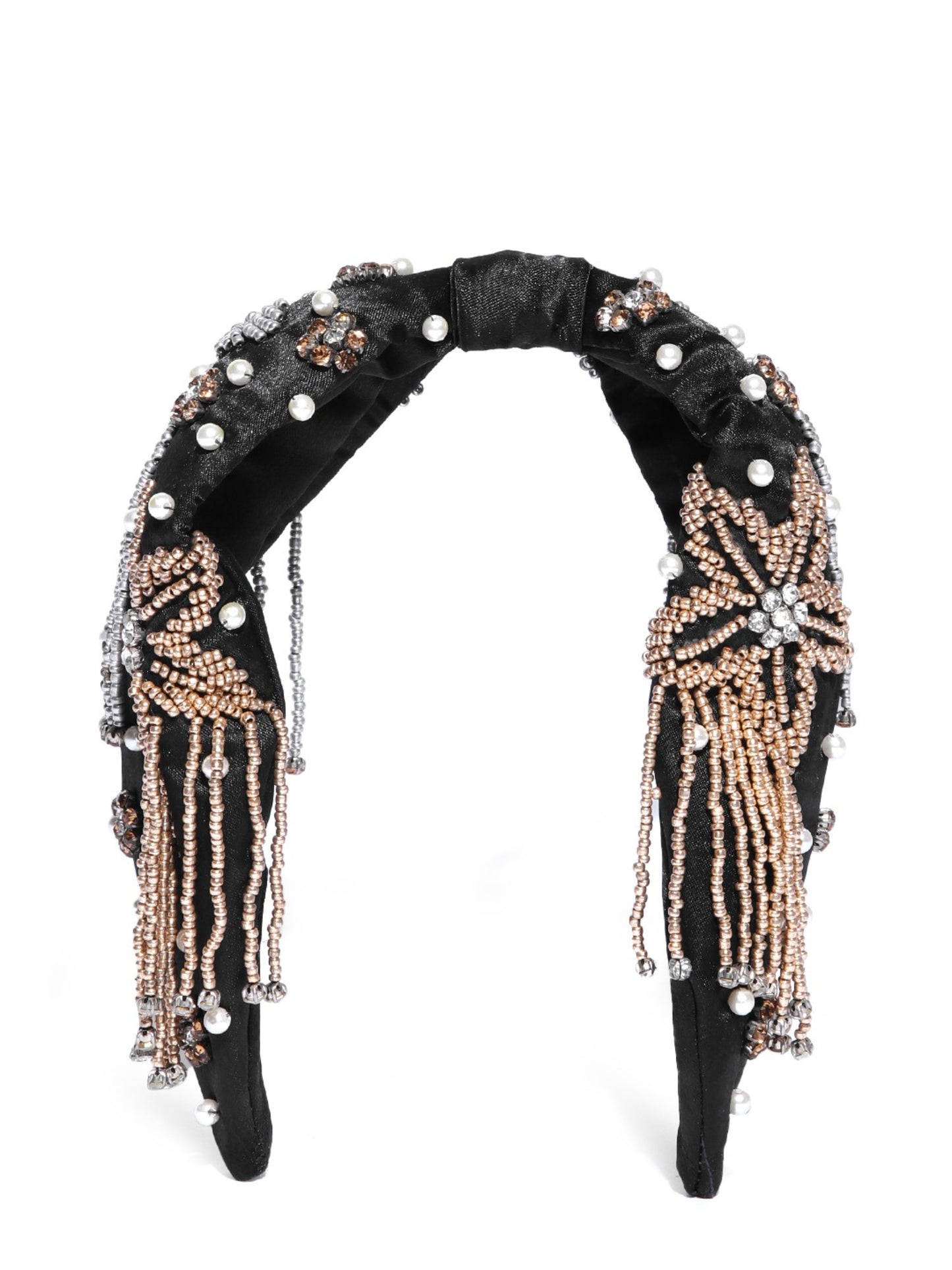 Blueberry Golden and Silver beads floral shape embellished Black hairband