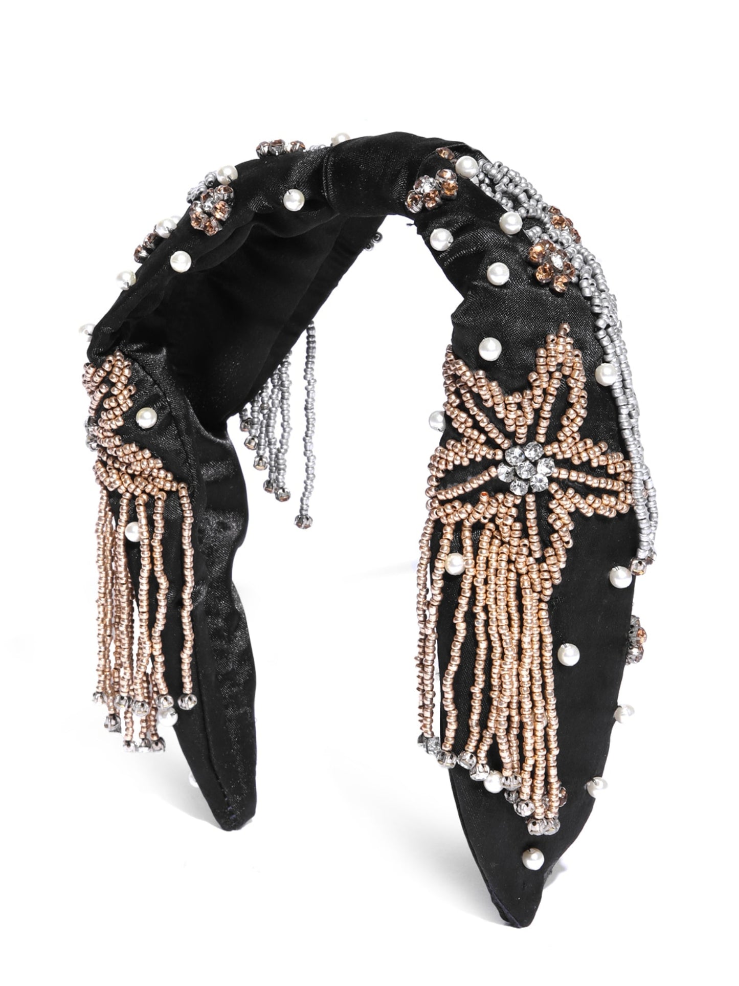 Blueberry Golden and Silver beads floral shape embellished Black hairband