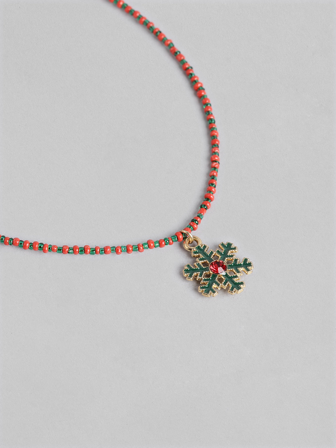 Blueberry Kids green and red beaded snow flakes pendant detailing necklace