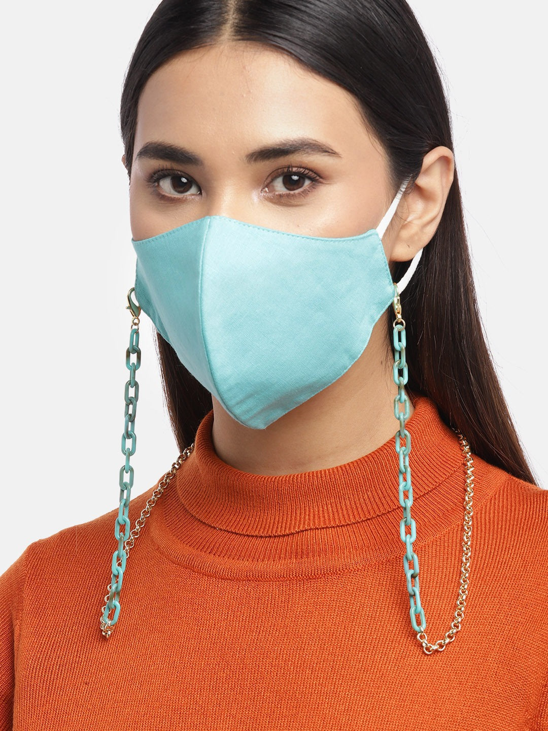 Blueberry turquoise blue solid 2 ply cotton reusable chain mask