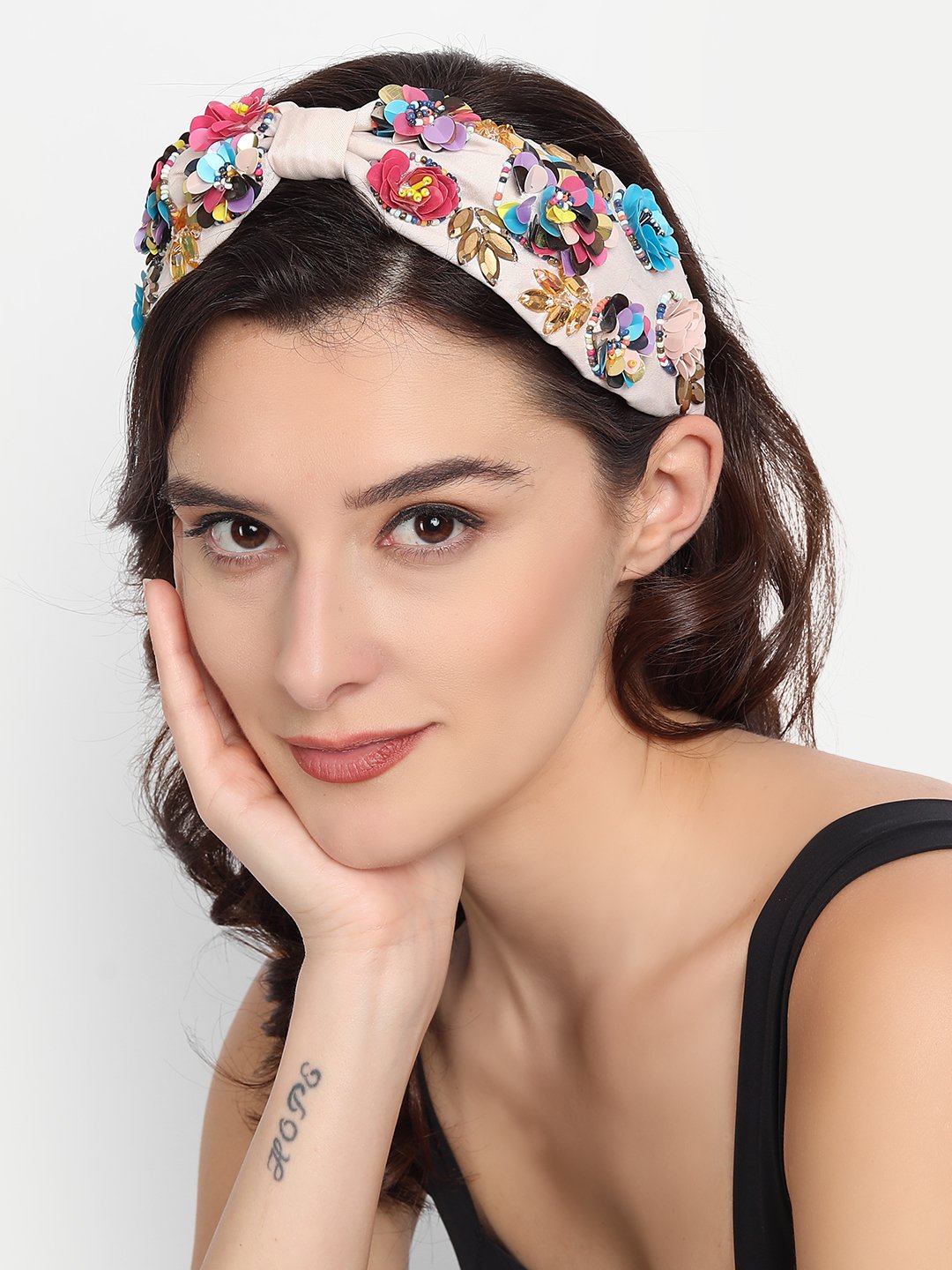 Blueberry multi sequins and beads hand embellished satin knot Beige hair band