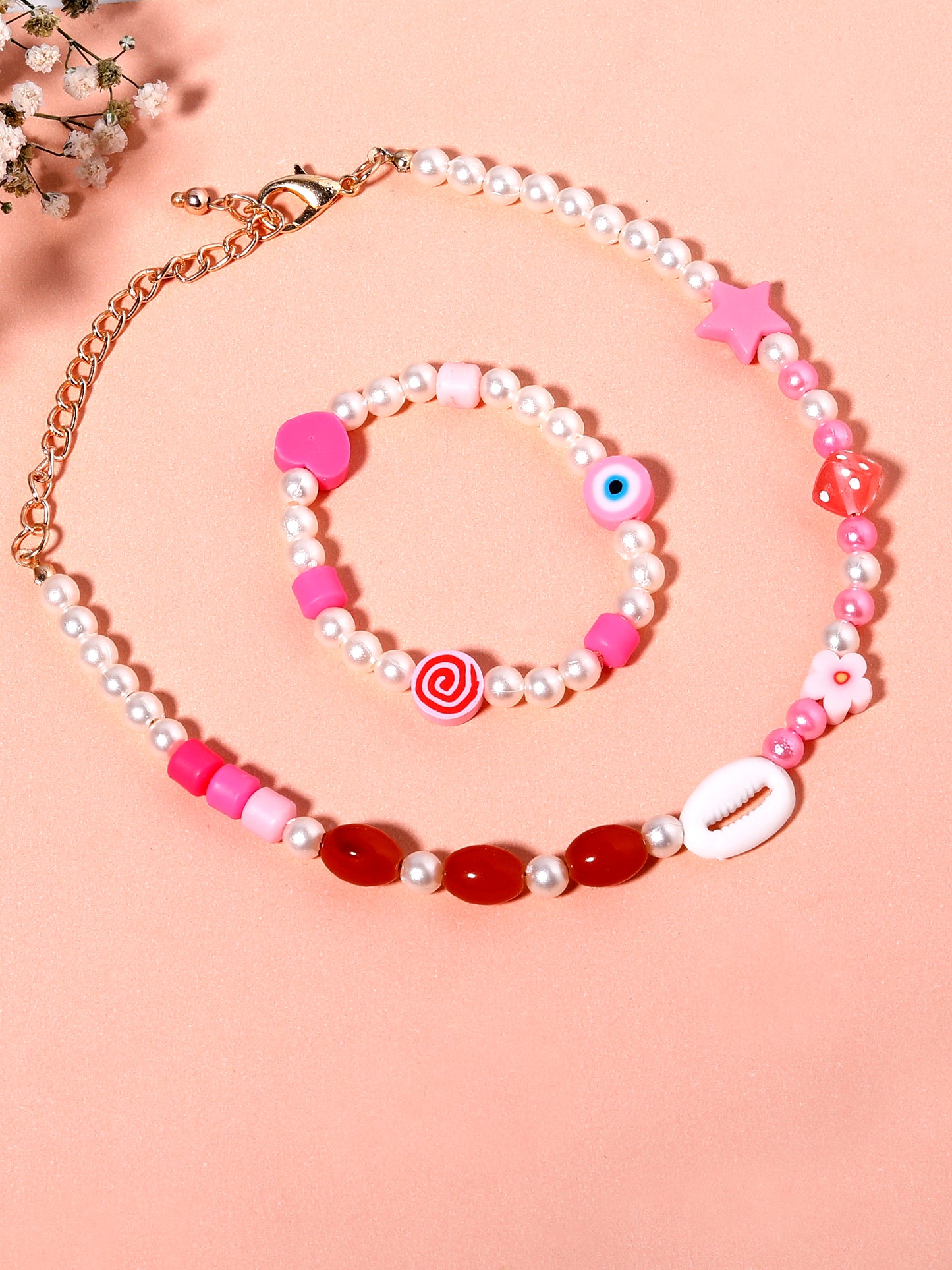 Blueberry KIDS peach and pearl shell necklace and bracelet combo