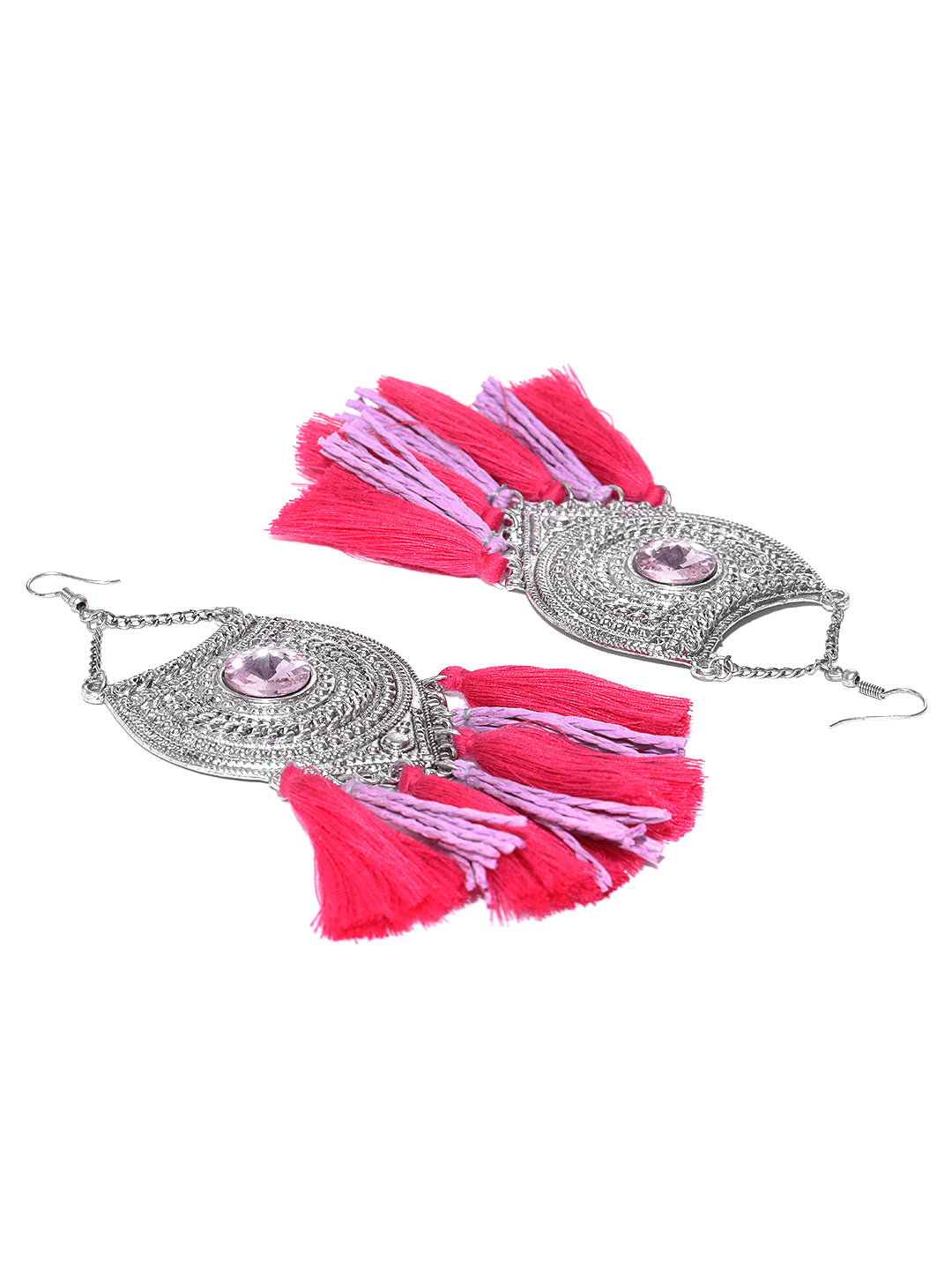 Blueberry silver toned and pink tassel drop earrings