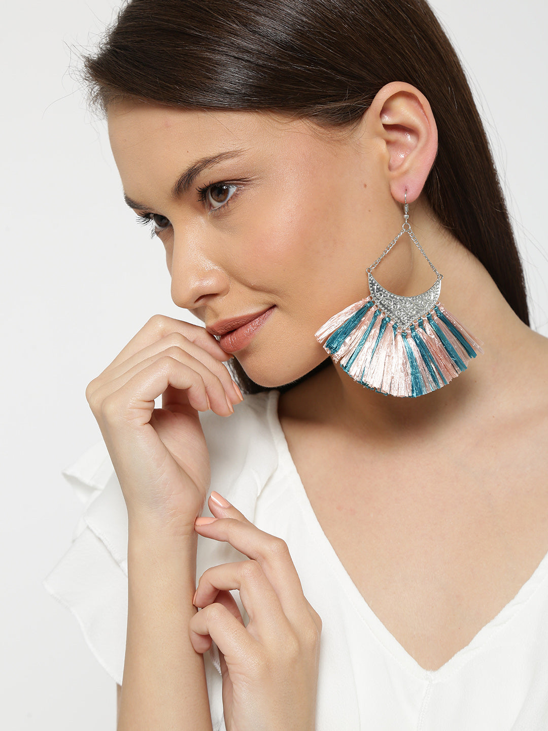 Blueberry silver and peach tassel earrings