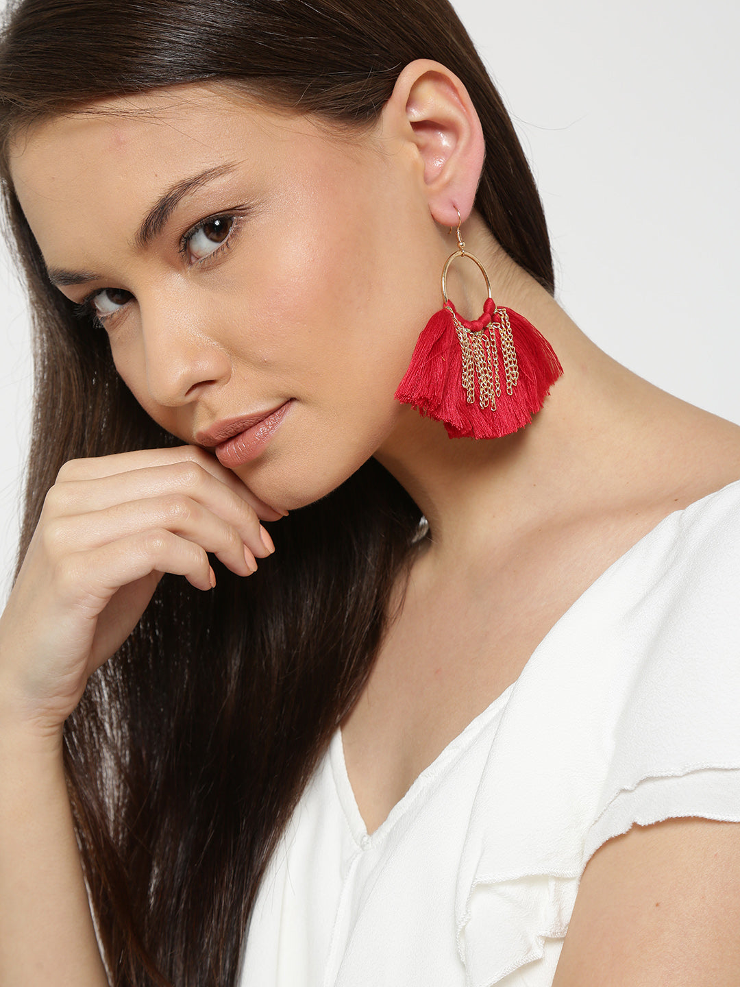 Blueberry red and gold tassel earrings