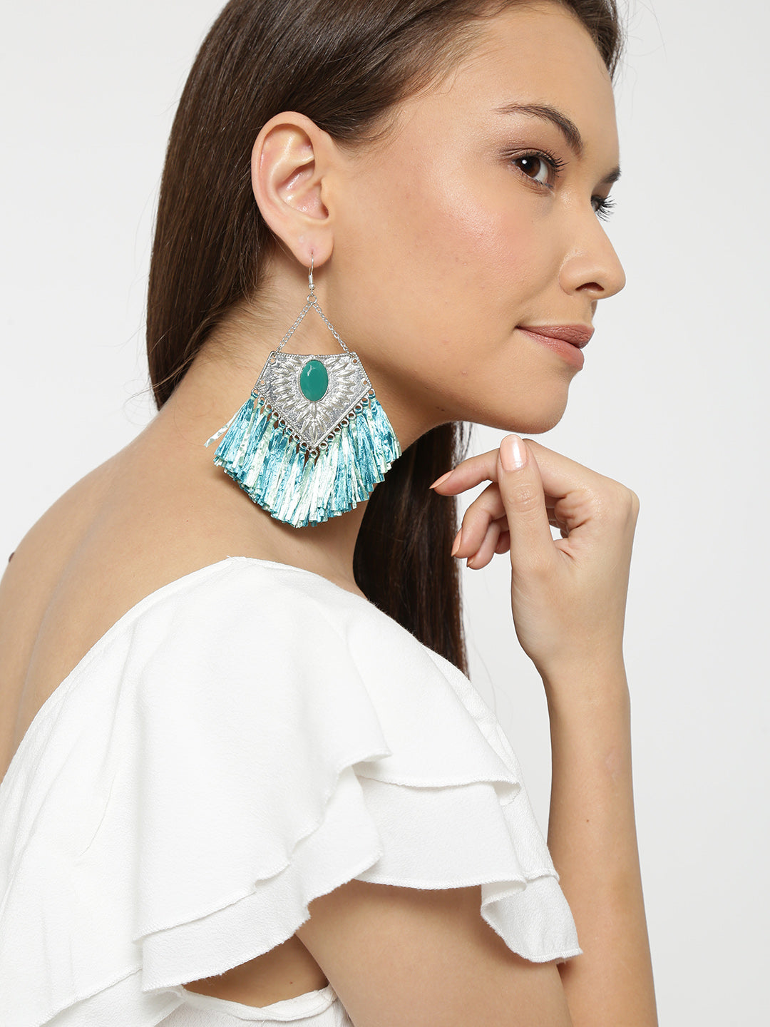 Blueberry silver and green tassel earrings