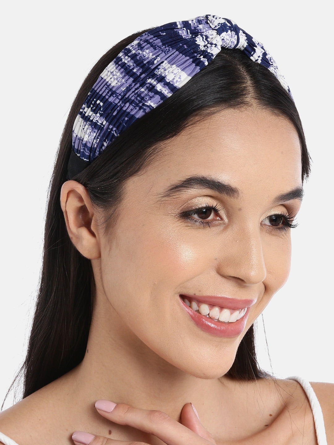 Blueberry blue & white printed pleated knot hairband
