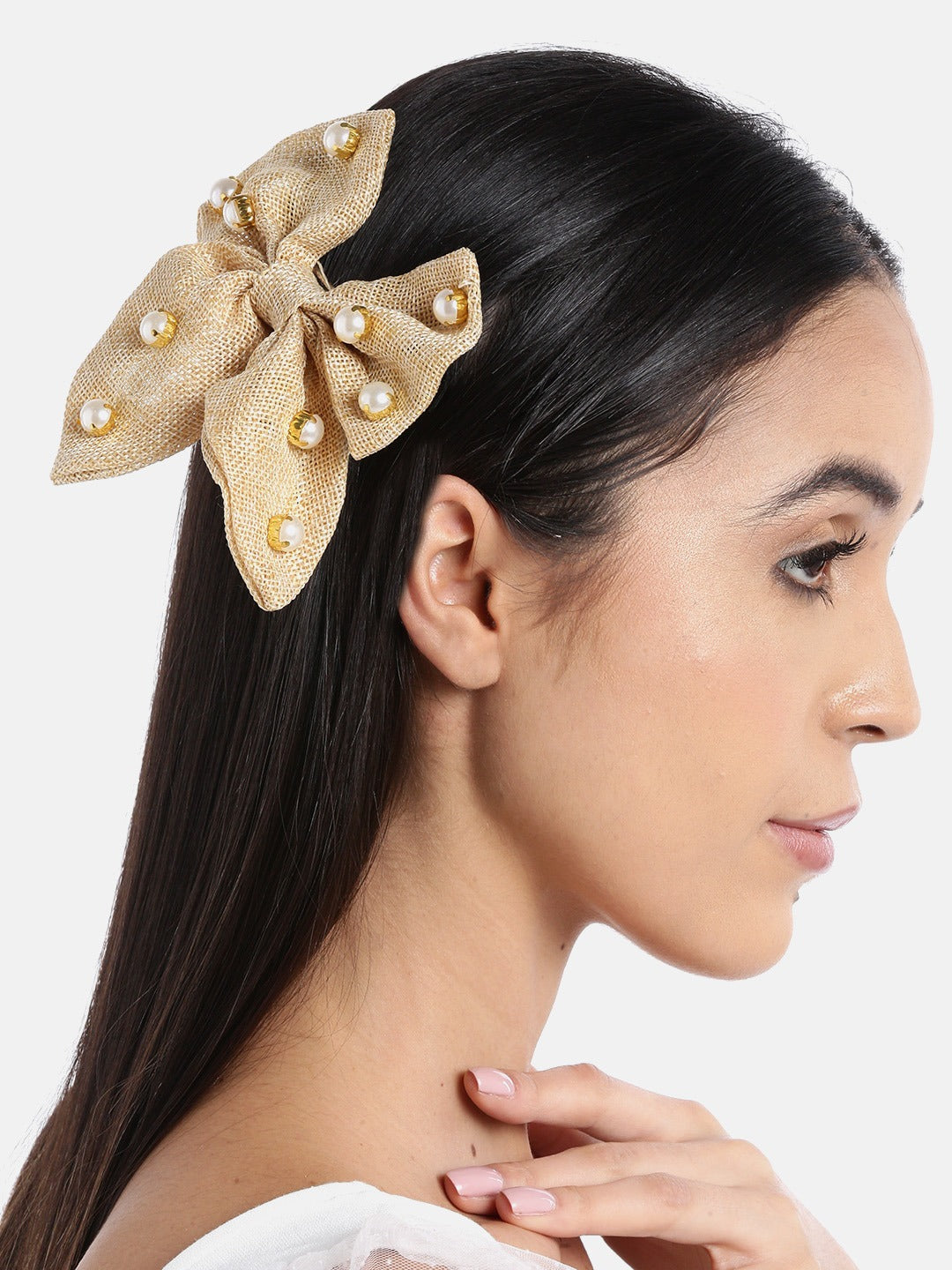 Blueberry beige jute pearl Embellishment hair bow clip