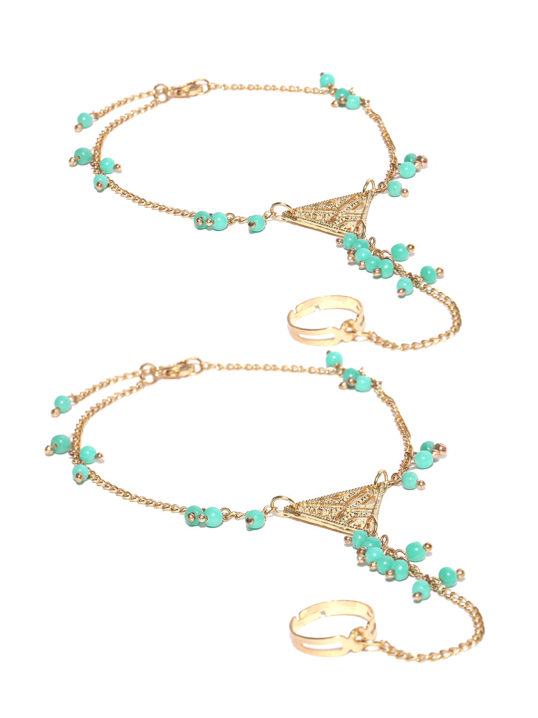 Set of 2 gold toned blue beaded toe ring anklets