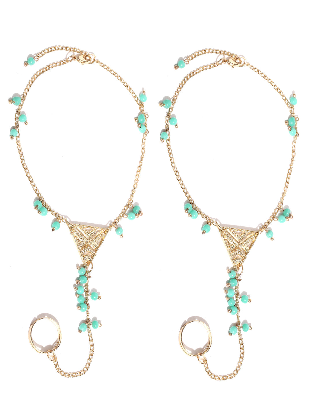 Set of 2 gold toned blue beaded toe ring anklets