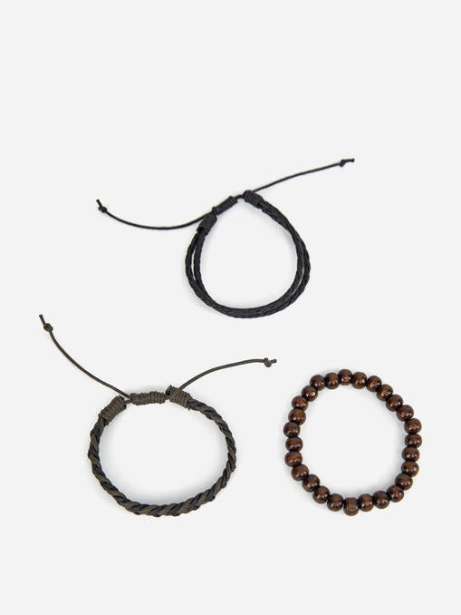 Lazy panda set of 3 brown coloured beads and leather bracelets