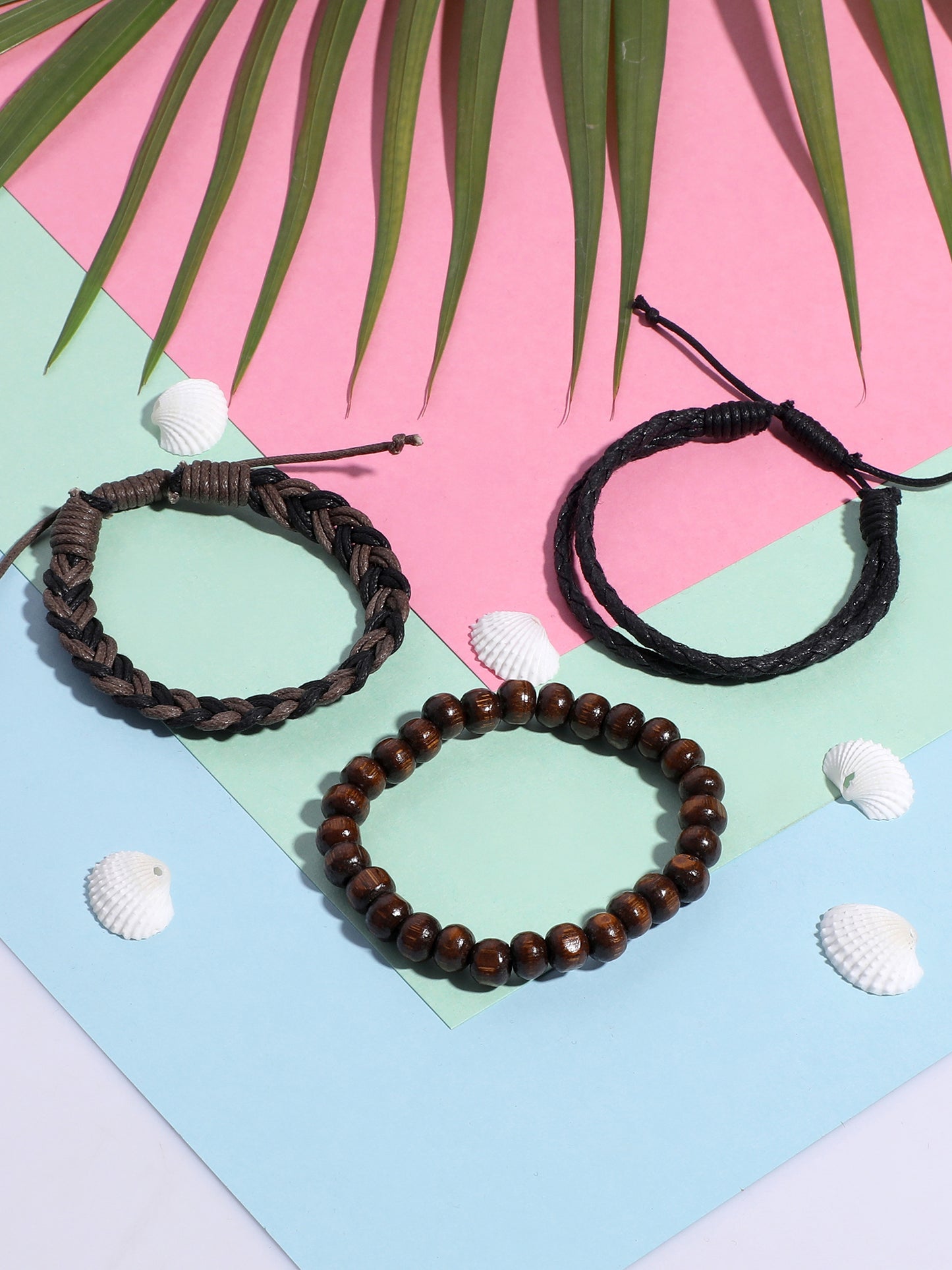 Lazy panda set of 3 brown coloured beads and leather bracelets