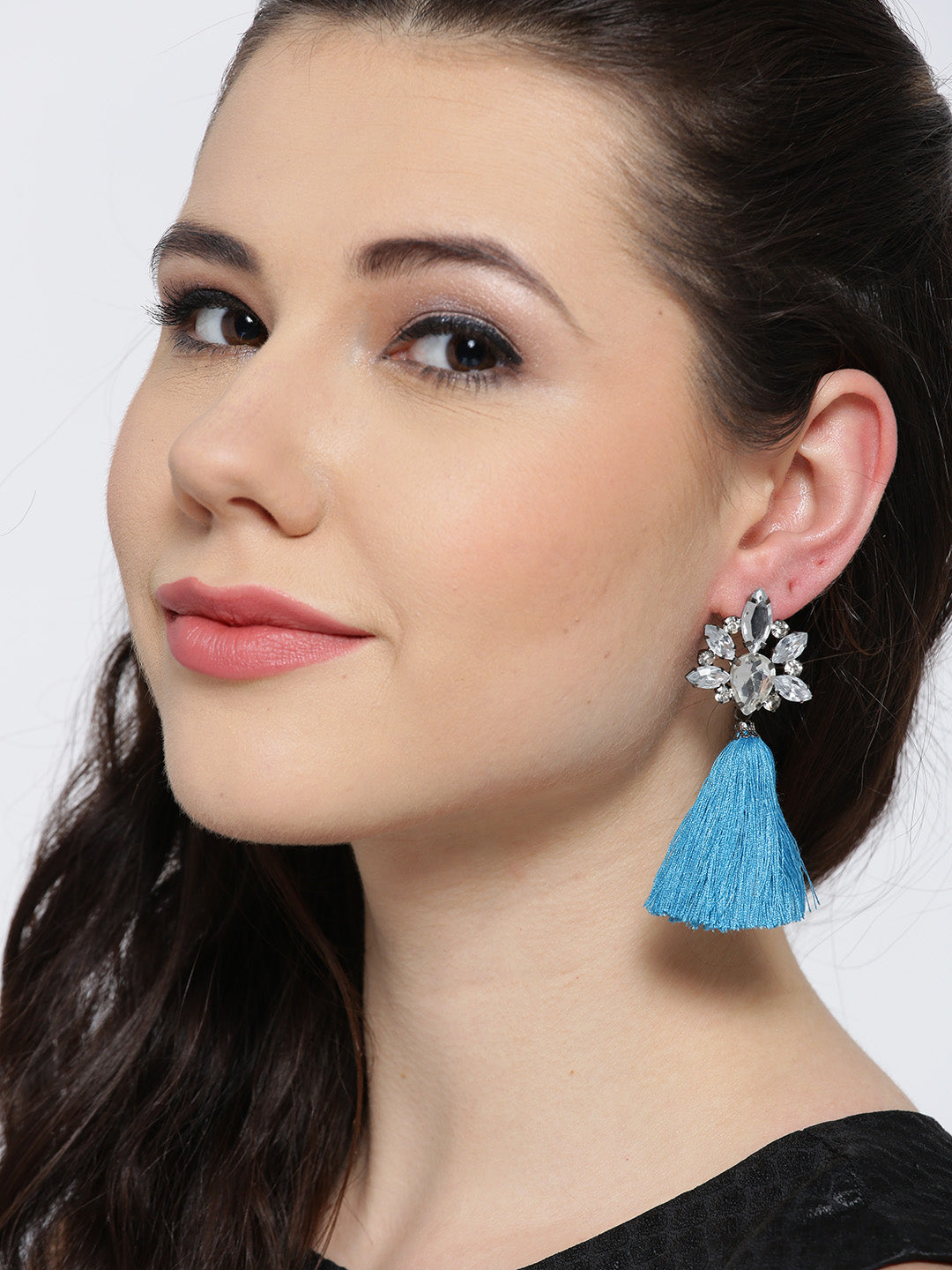 Metallic Toned Stone Studded Tassel Drop Earrings