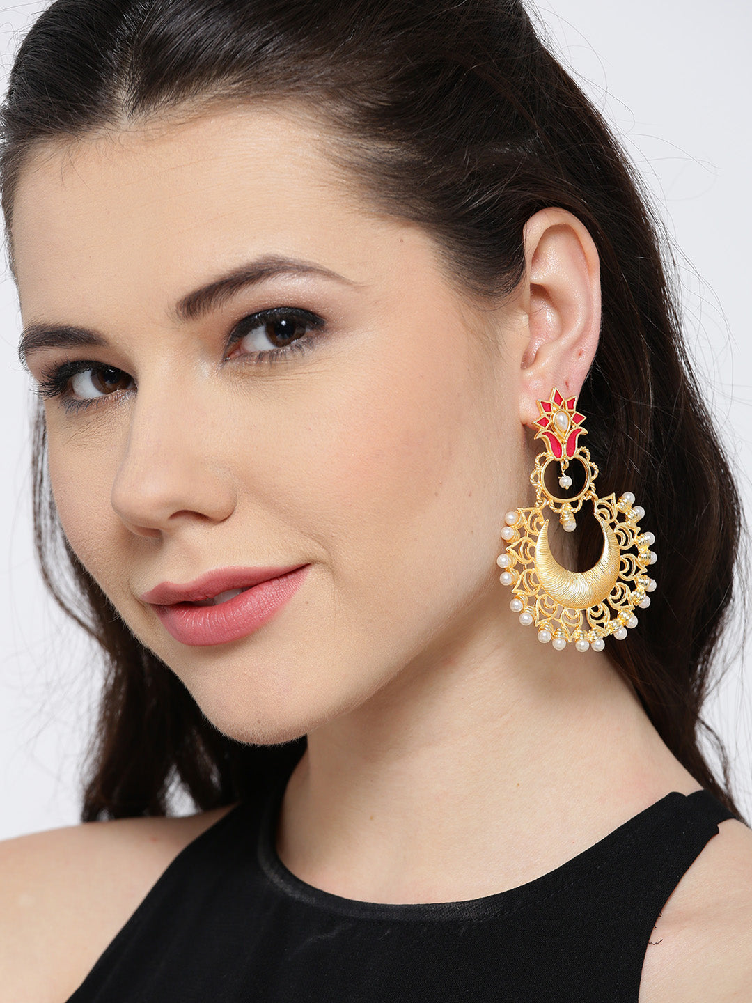 Gold plated pearl embellished meenakari chandbali earrings