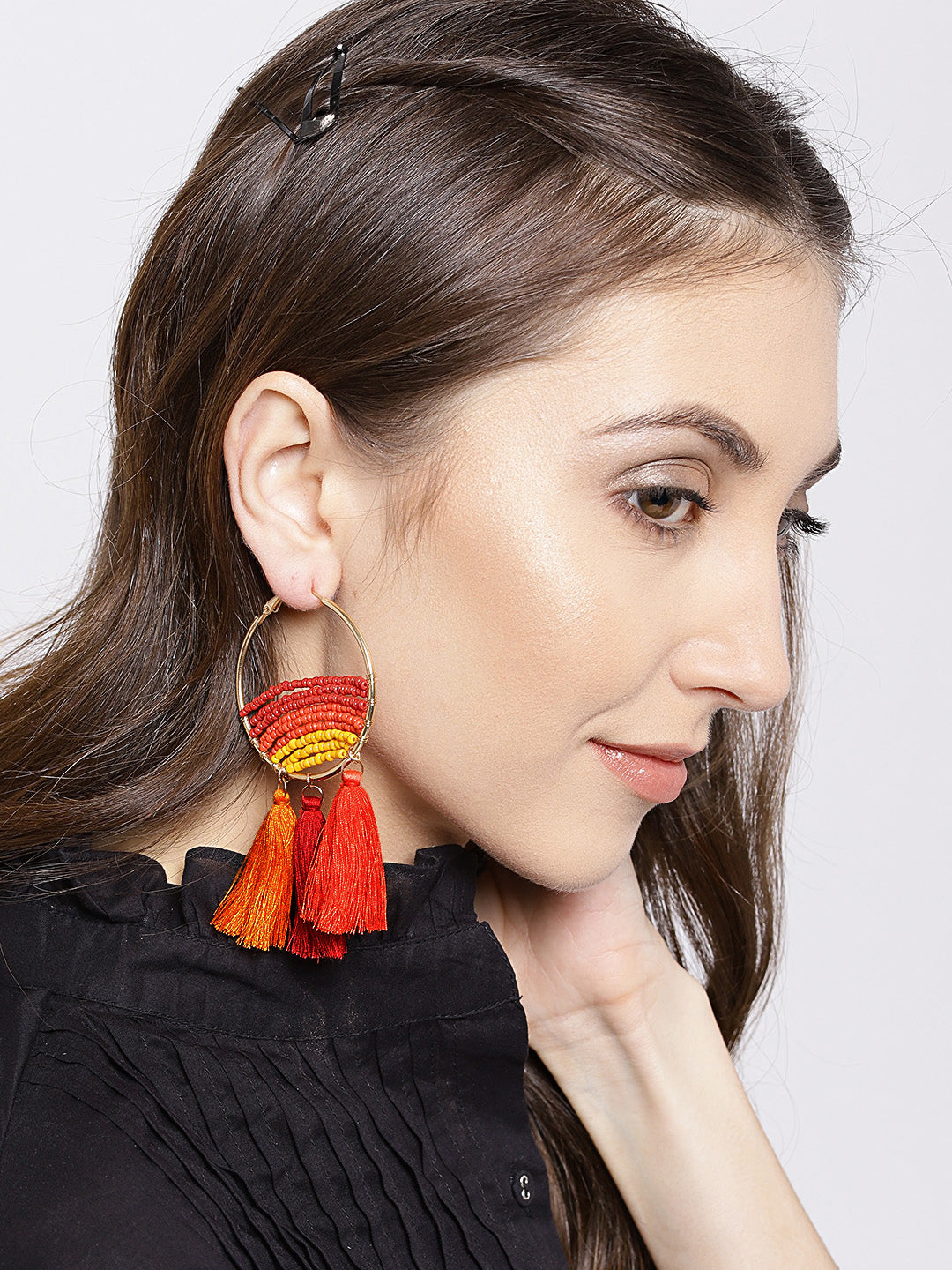 Blueberry multicoloured tassel drop hoop earrings
