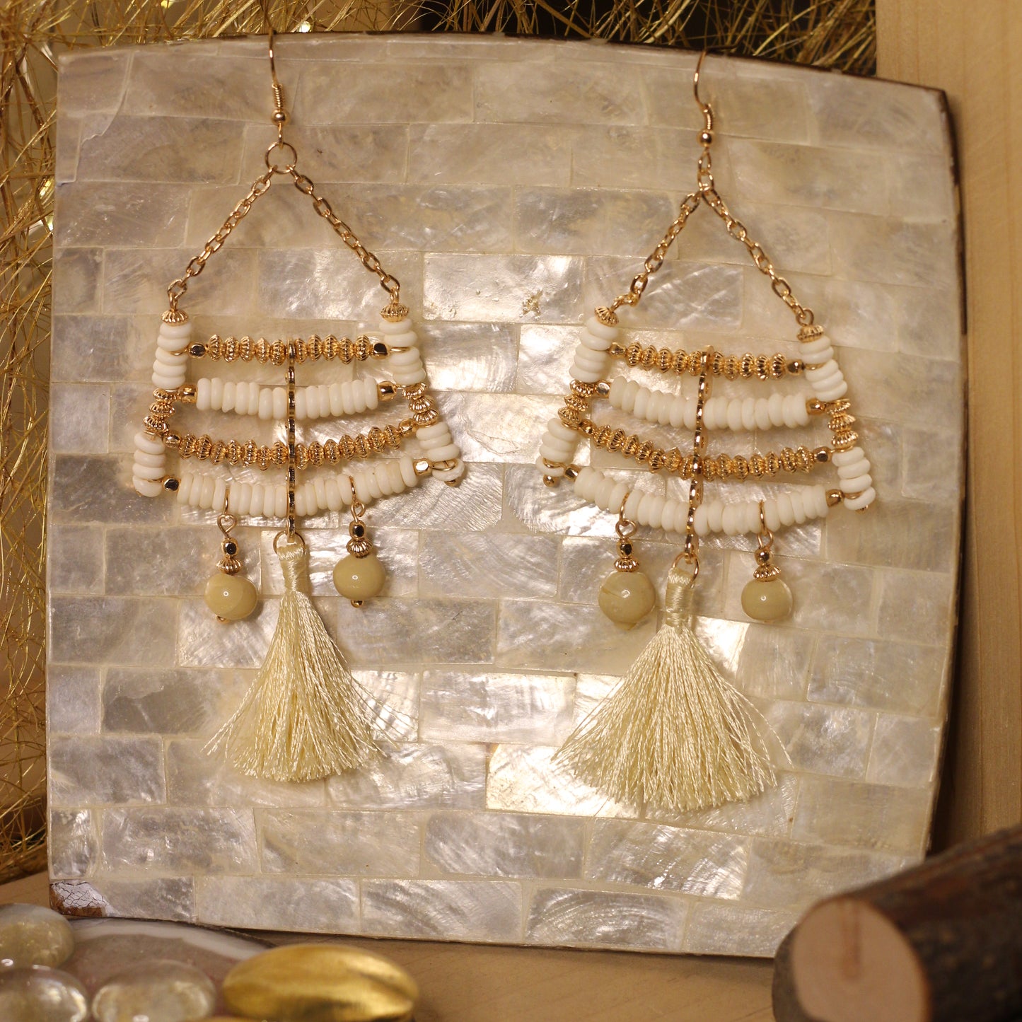 Blueberry multi colour beaded detailing tassel drop earring