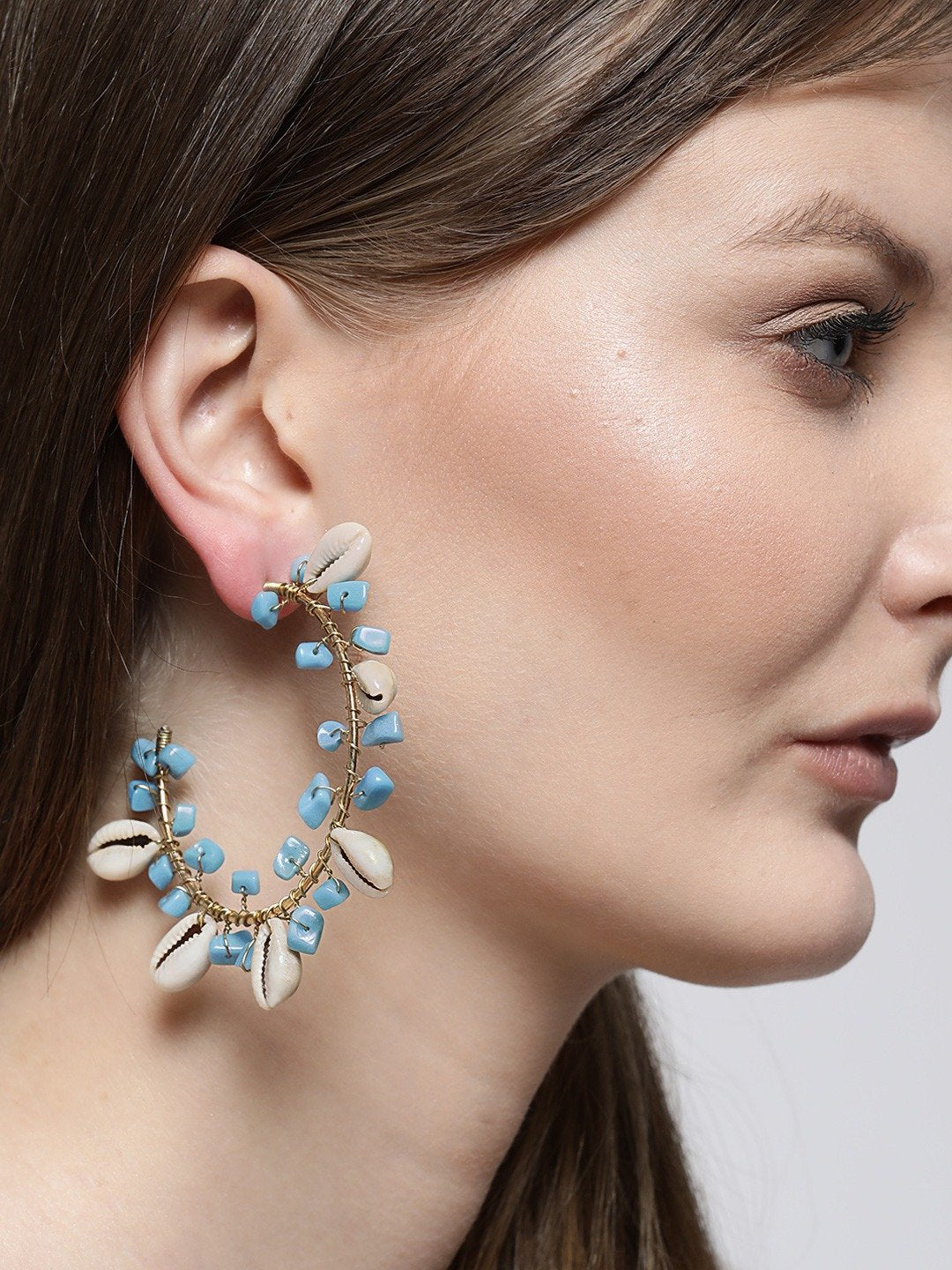 Blueberry white shell and blue beads detailing half hoop earring