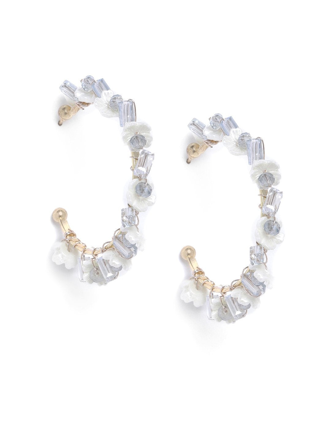 Blueberry white flower and crystal stone Embellishment half hoop earring