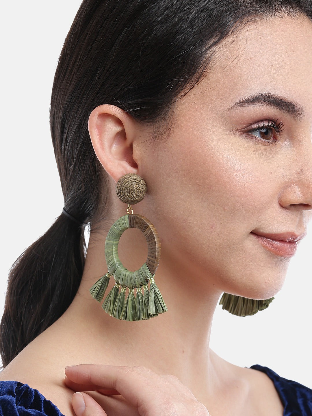 Blueberry green rafia tassel circular drop earring