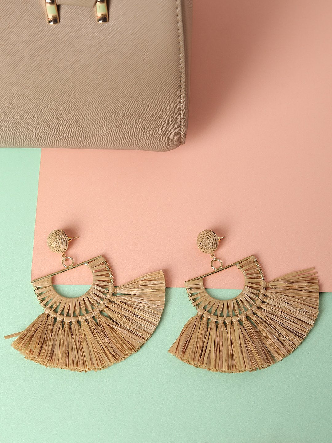 Blueberry beige raffia tassel detailing drop earrings