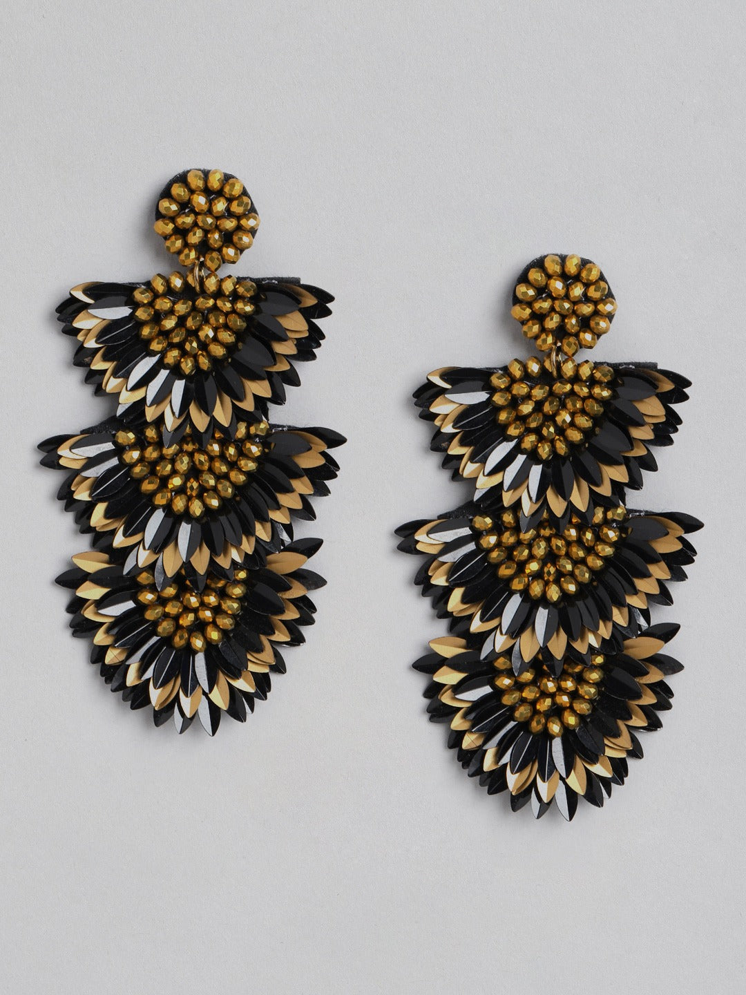 Blueberry black and gold sequence flower drop earring