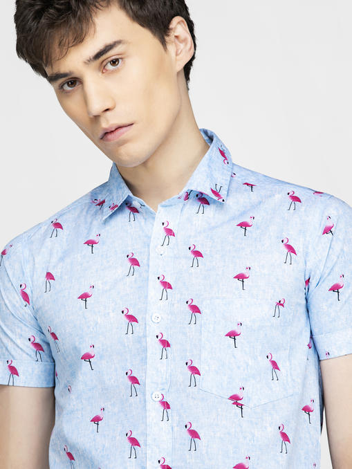 Flamingo bird printed blue shirt