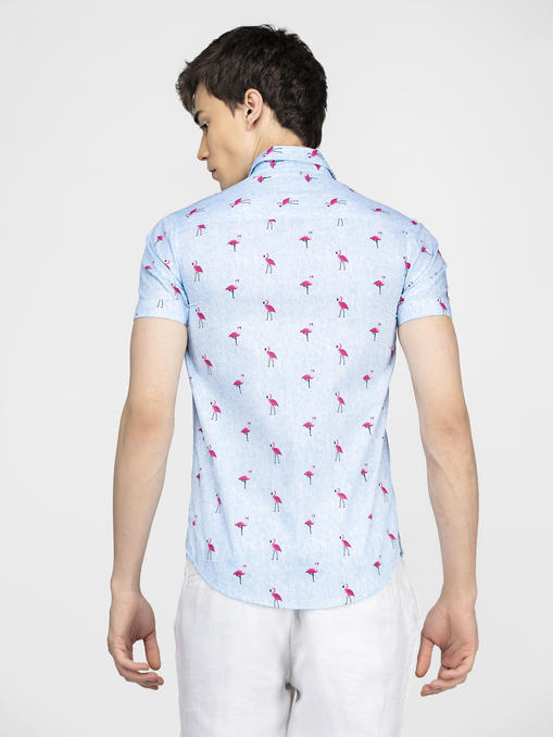 Flamingo bird printed blue shirt