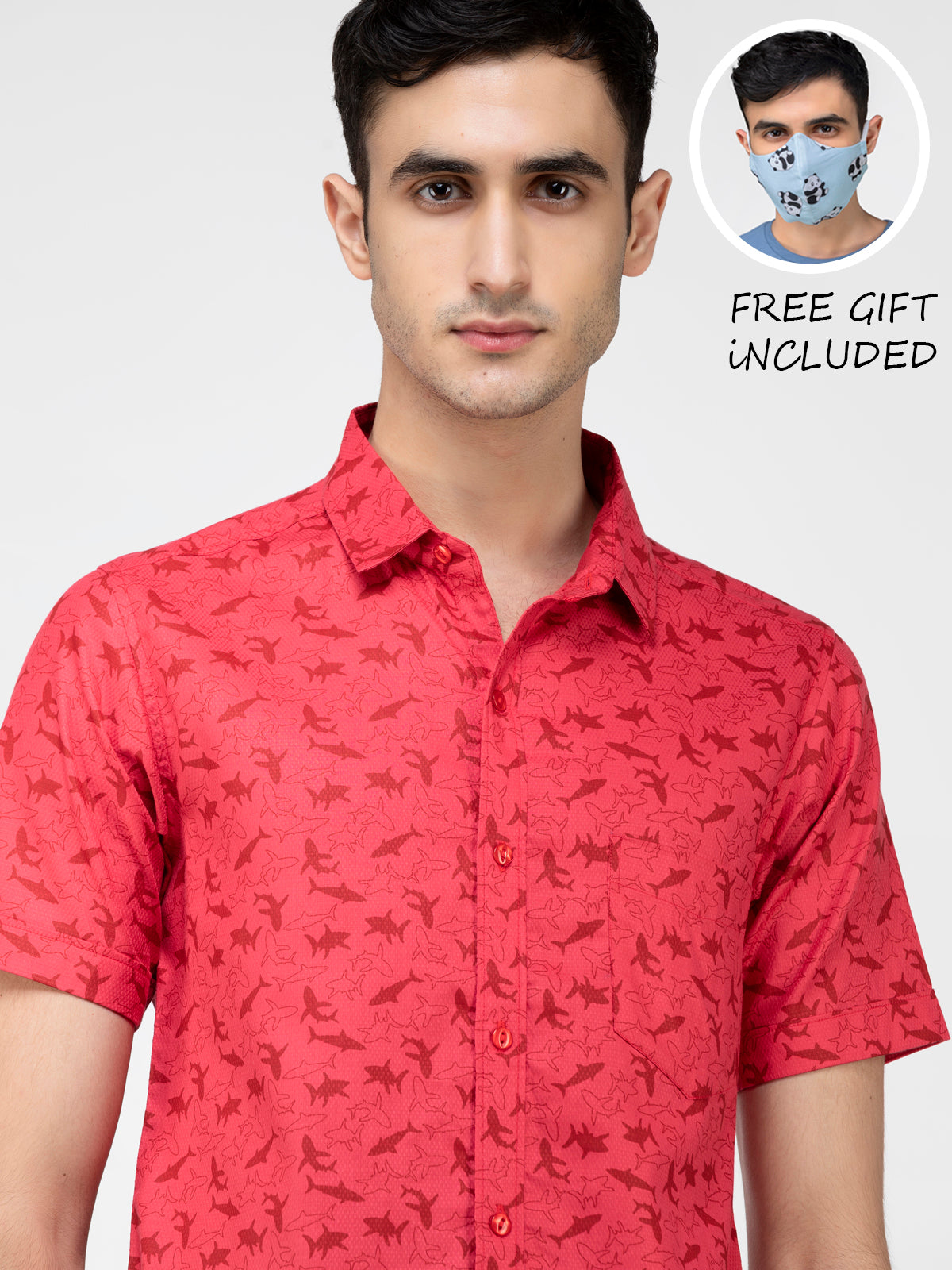 Lazy panda fish printed red shirt