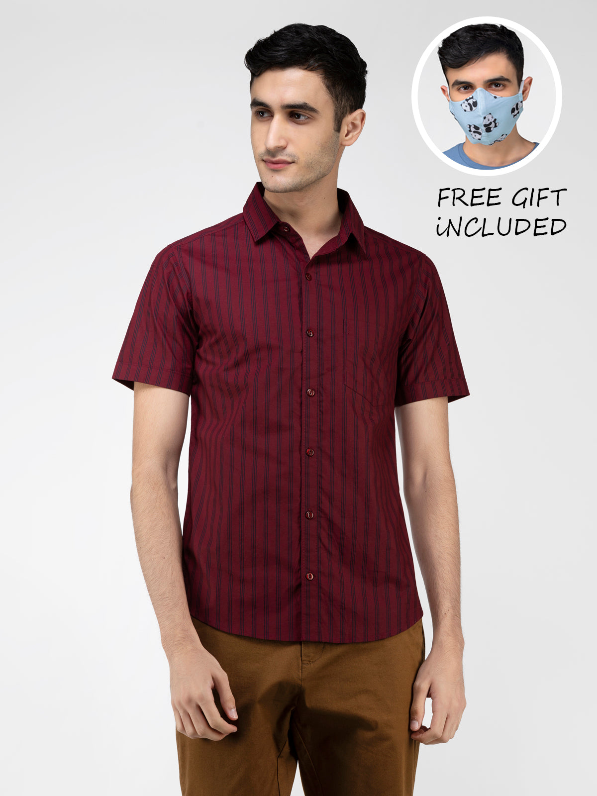 Lazy panda black stripe printed maroon shirt