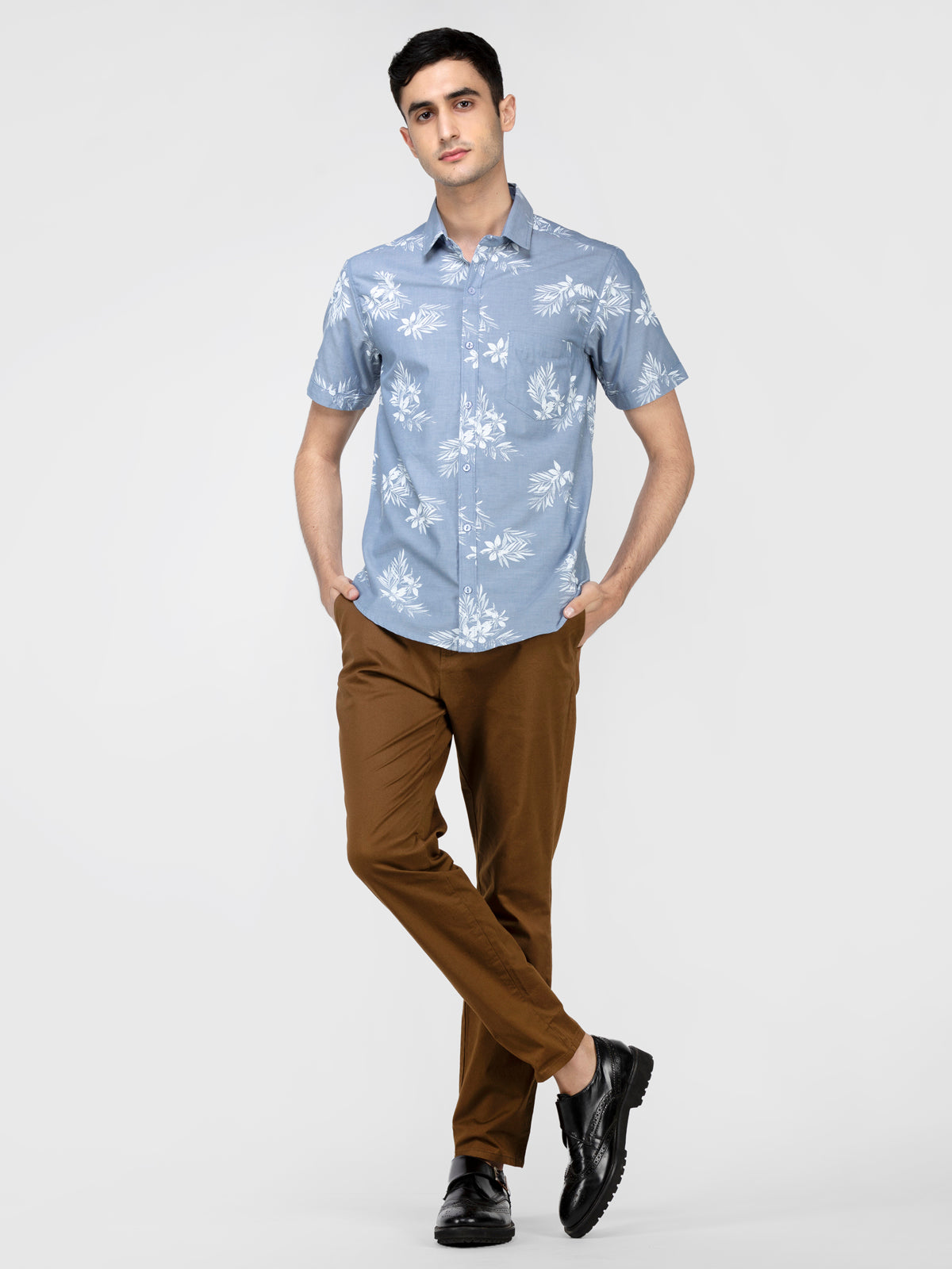 Lazy panda white floral printed blue shirt