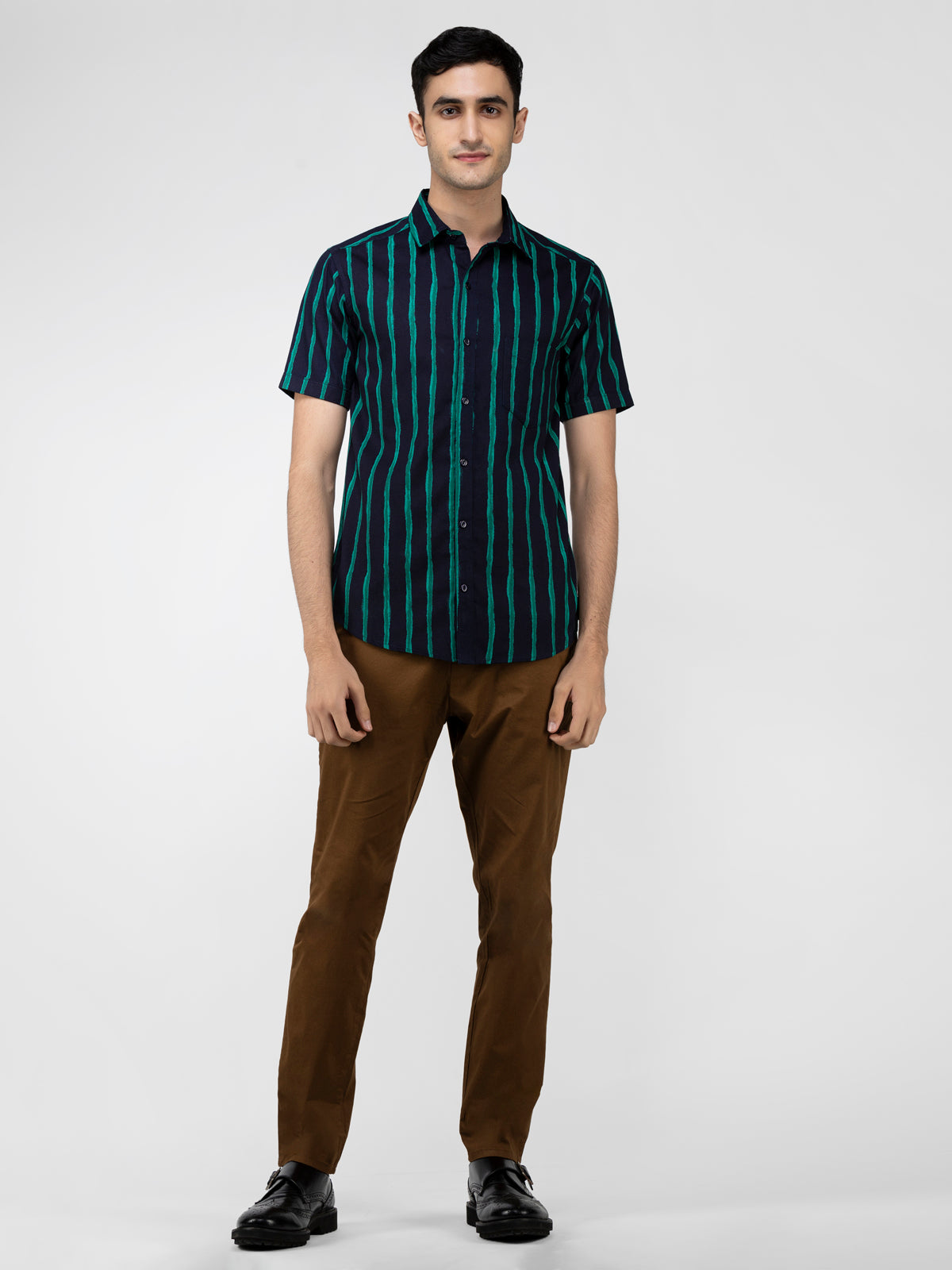 Lazy panda stripe printed navy blue shirt
