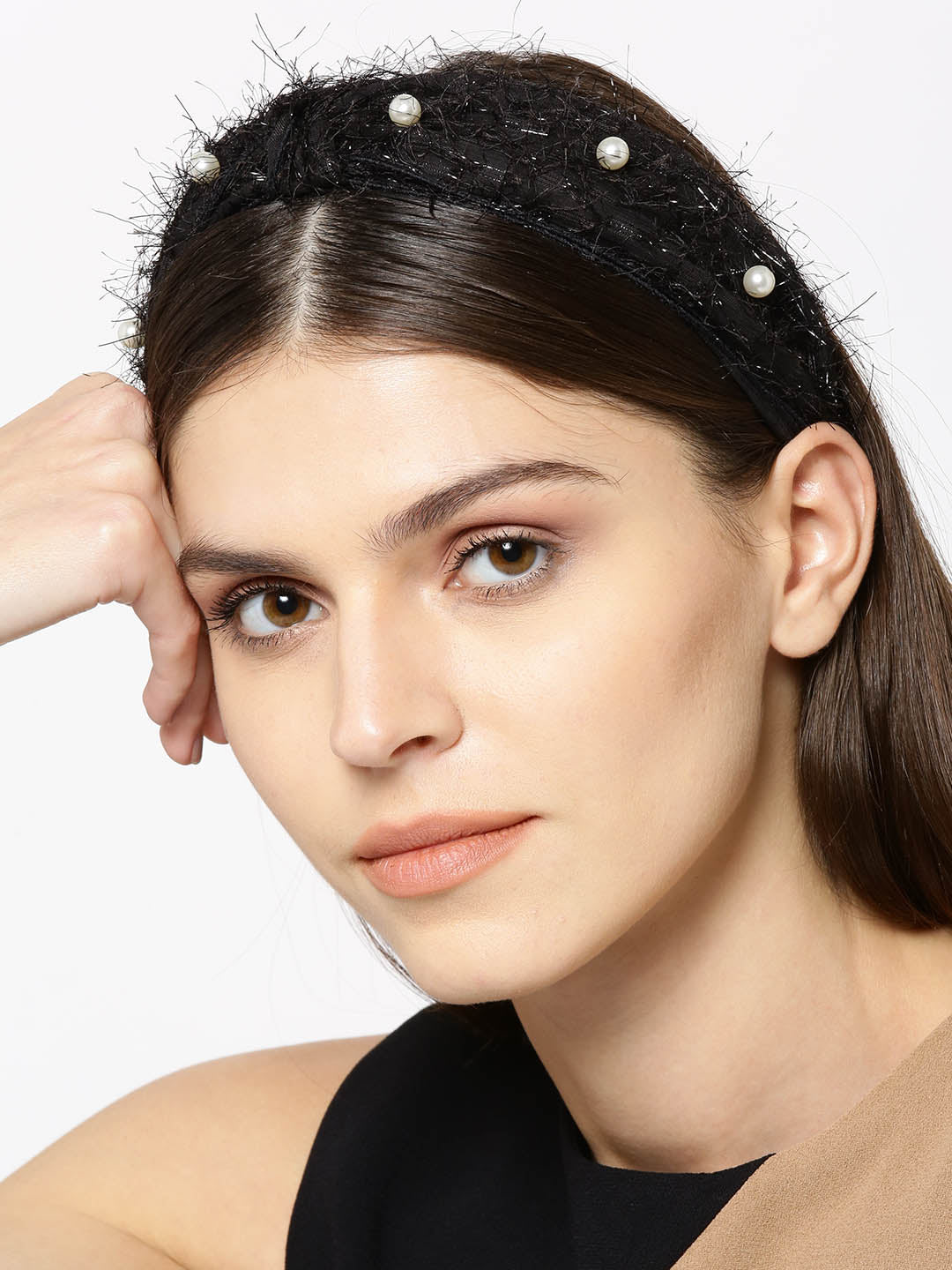 Blueberry black fur and white pearl detailing hairband