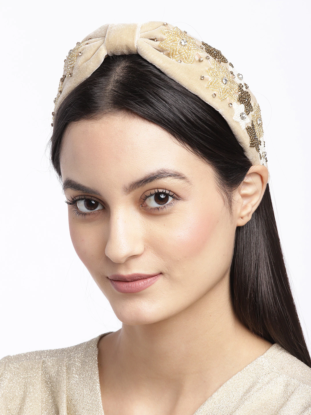 Blueberry golden velvet hand beaded and stone embellished knot hairband