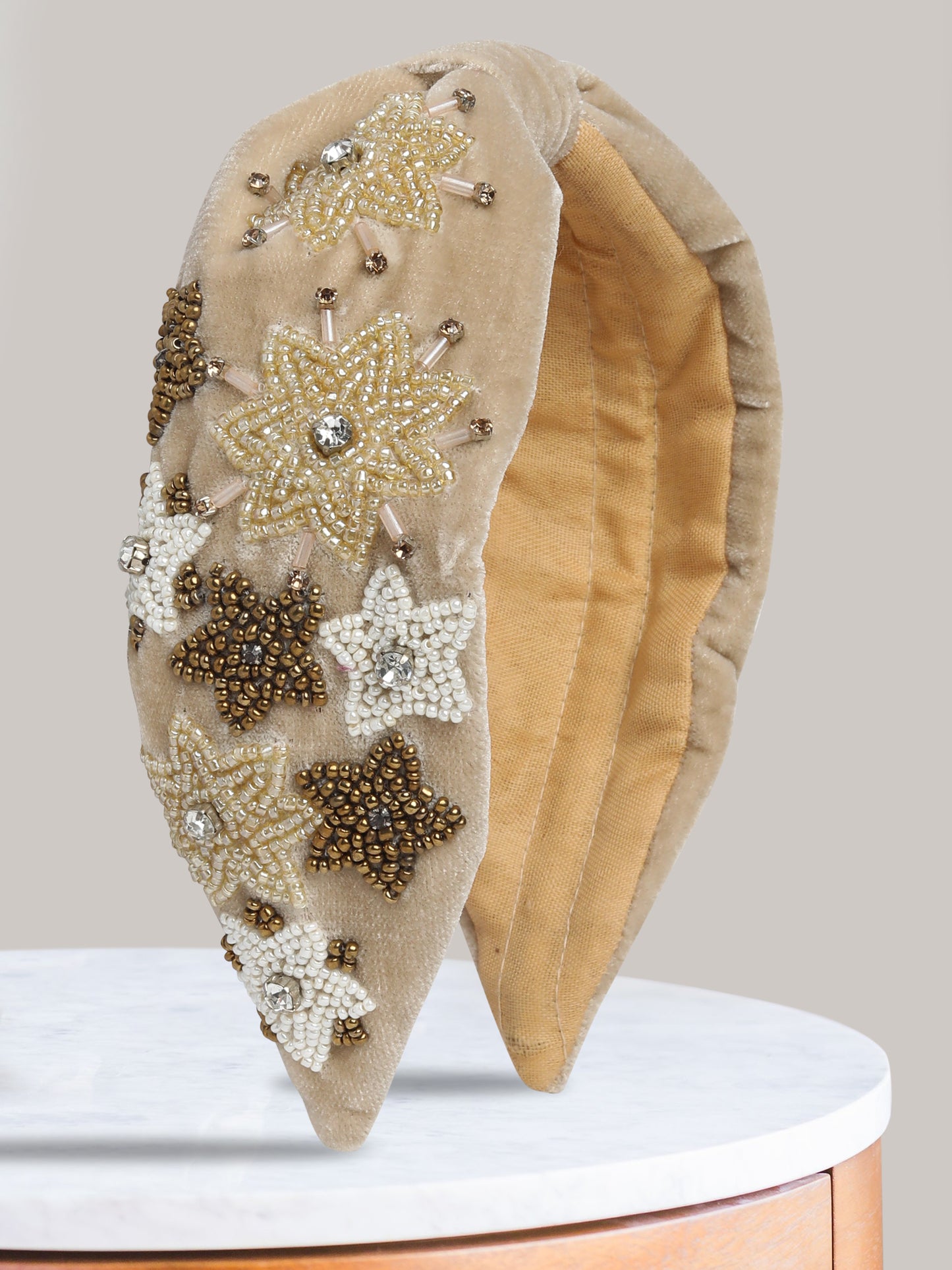 Blueberry golden velvet hand beaded and stone embellished knot hairband