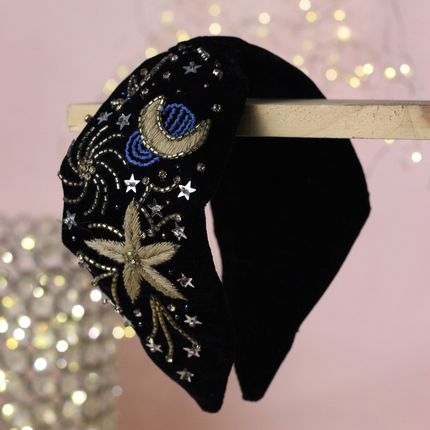 Blueberry black velvet hand beaded and stone embellished with embroidery knot hairband