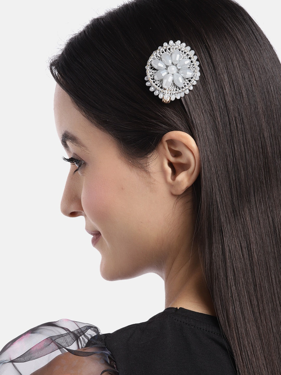 Blueberry Grey beaded flower shape alligator hairclip