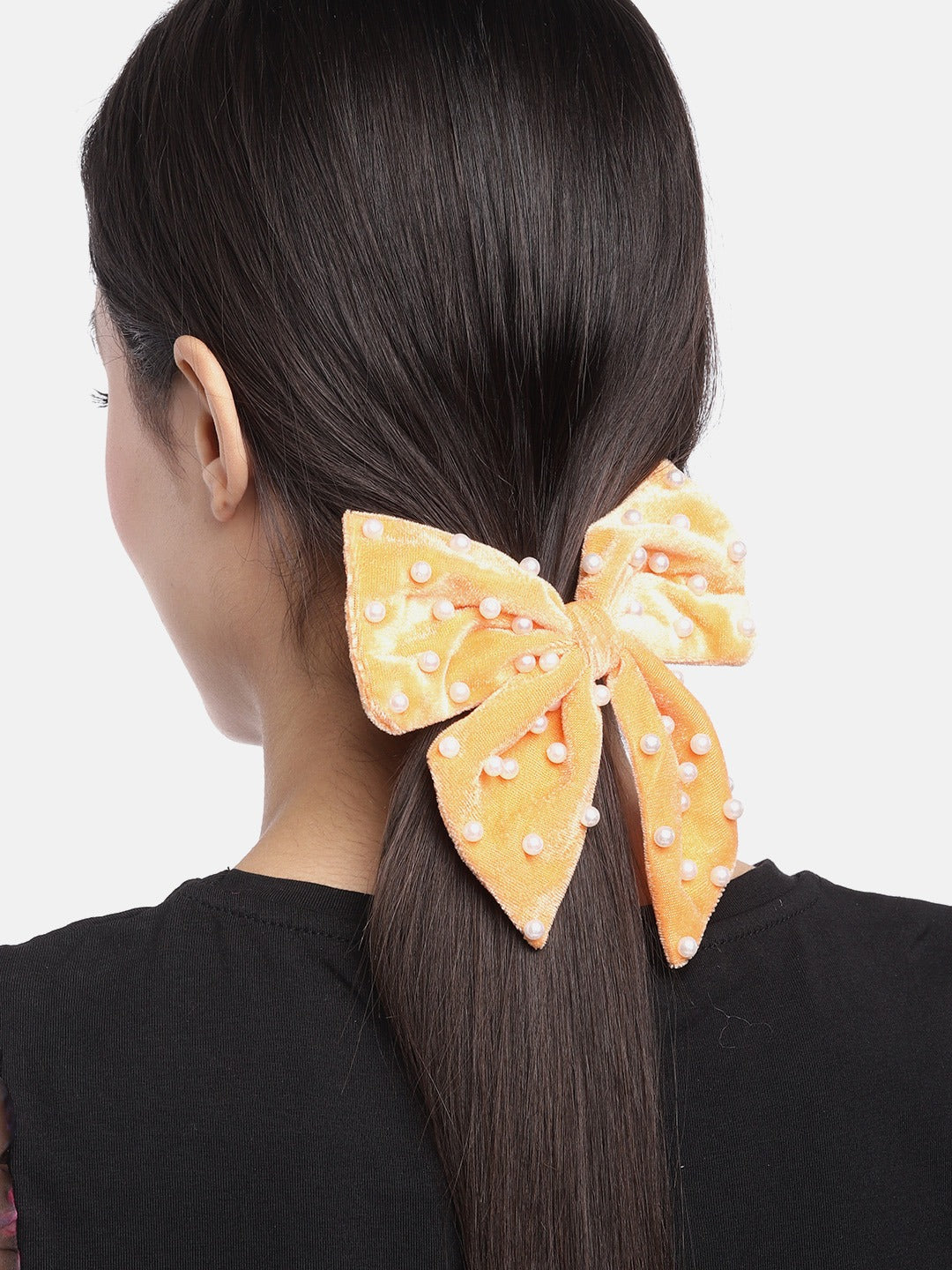 Blueberry orange velvet DE LA bow knot pearl embellished hairclip