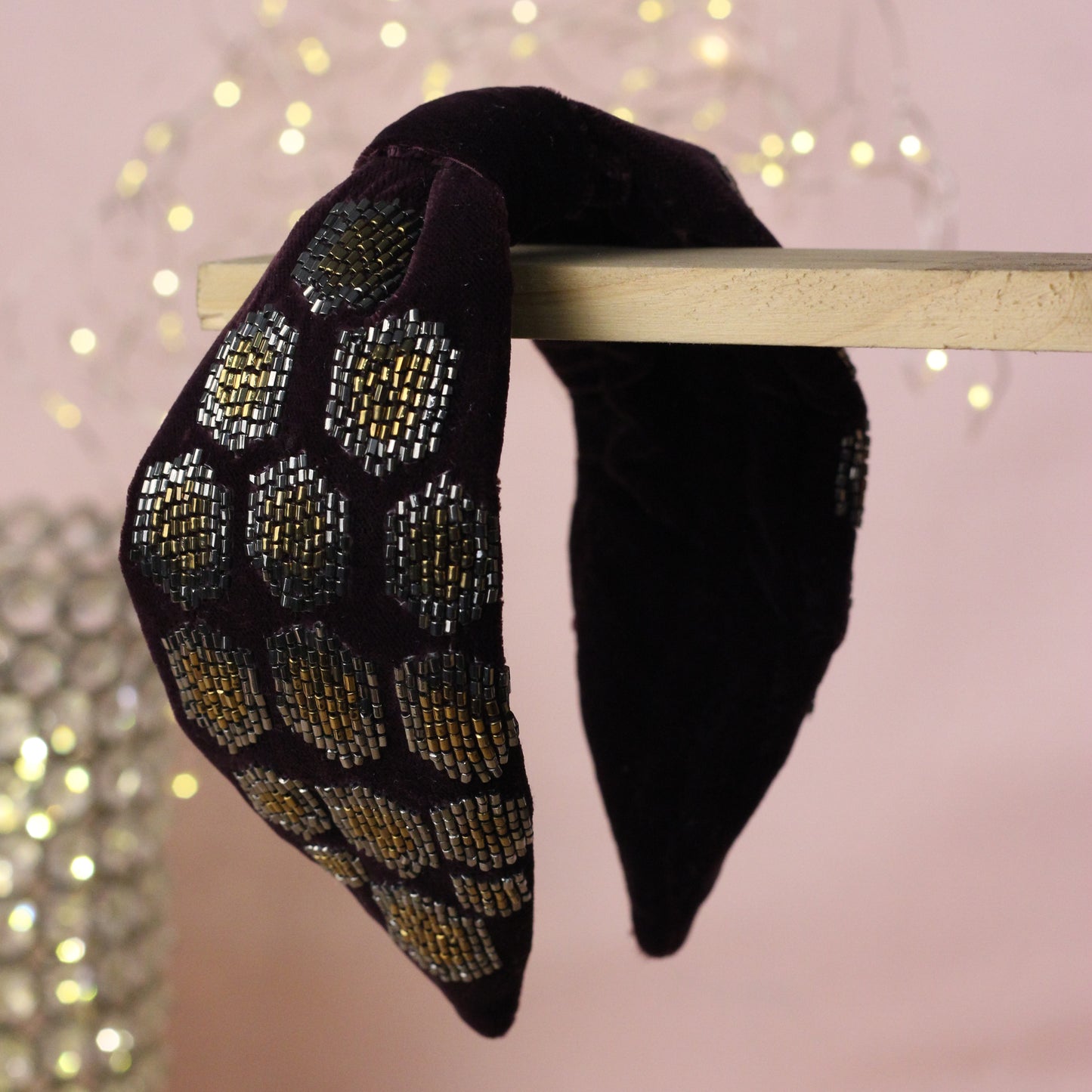 Blueberry purple velvet hand beaded embellished knot hairband