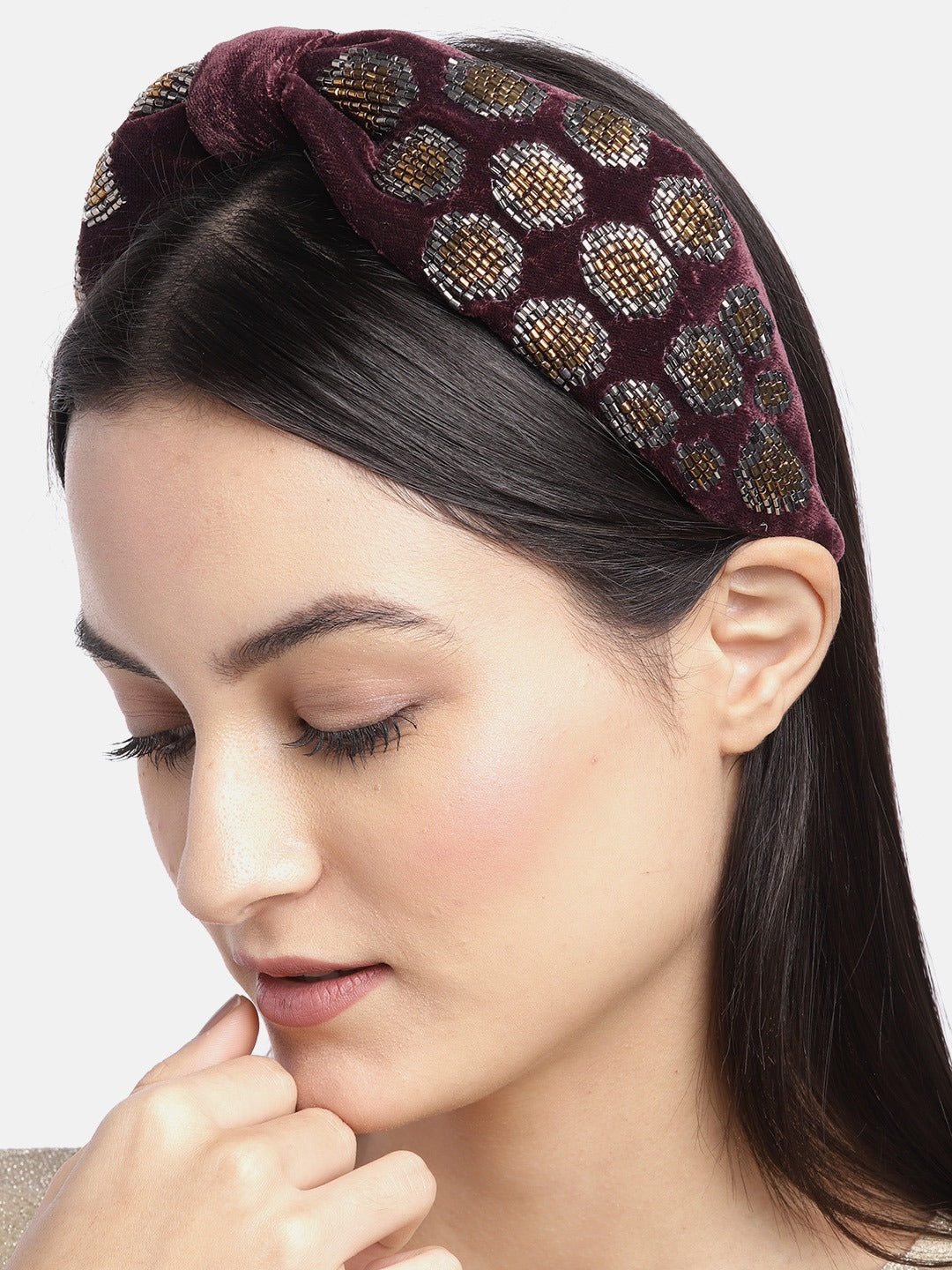 Blueberry purple velvet hand beaded embellished knot hairband