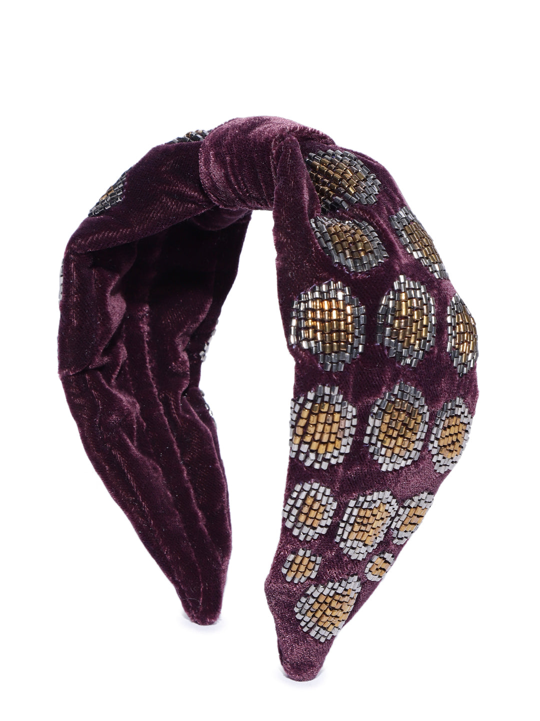 Blueberry purple velvet hand beaded embellished knot hairband