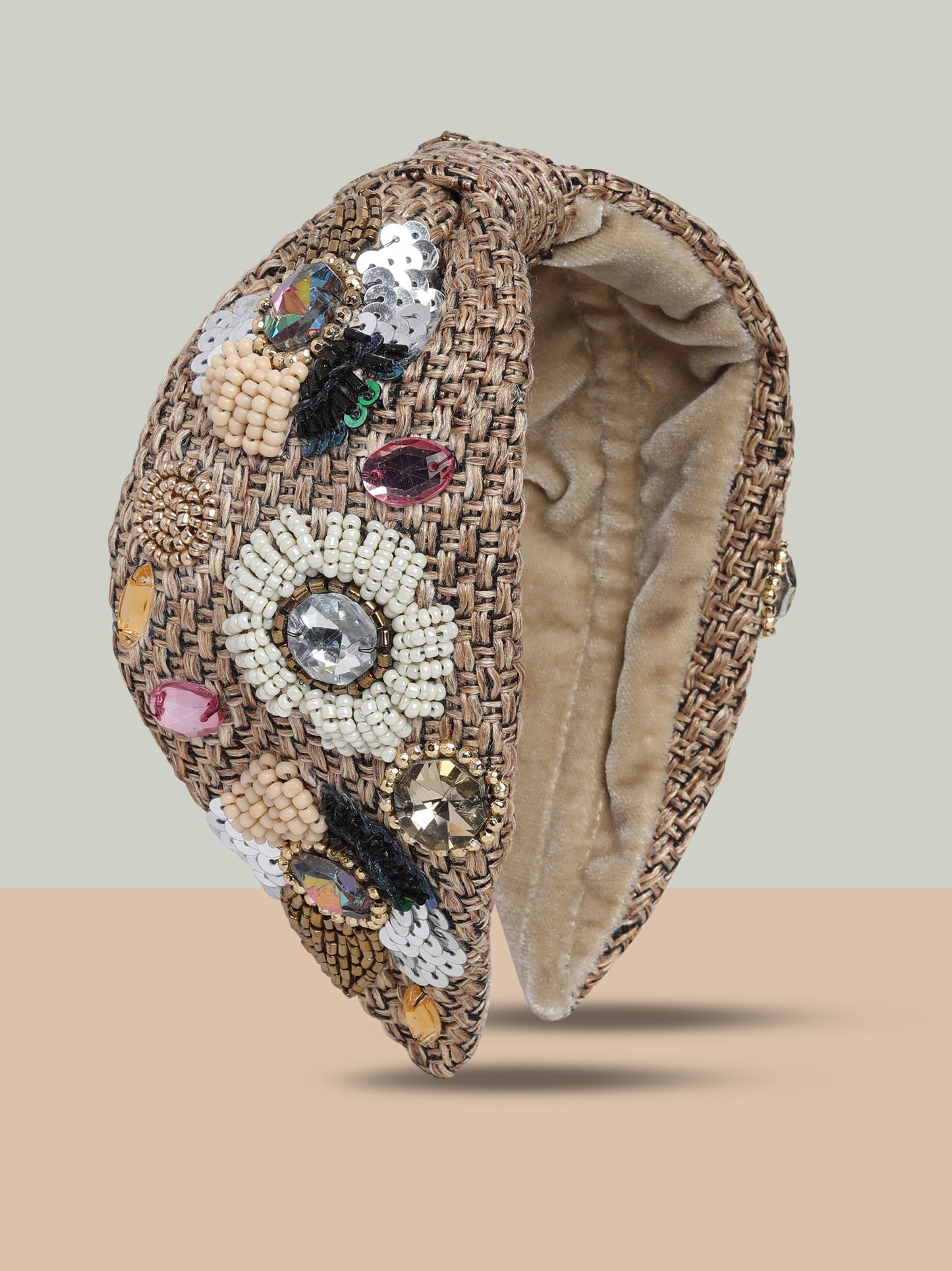 Blueberry multi crystal stones and beaded embellished knot jute hairband