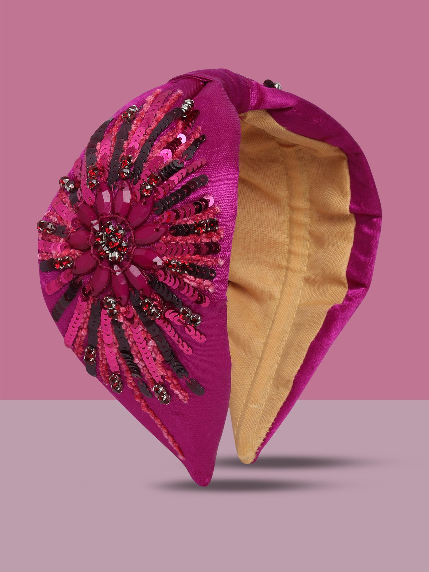 Blueberry pink colour sequins and stone embellished satin knot hairand