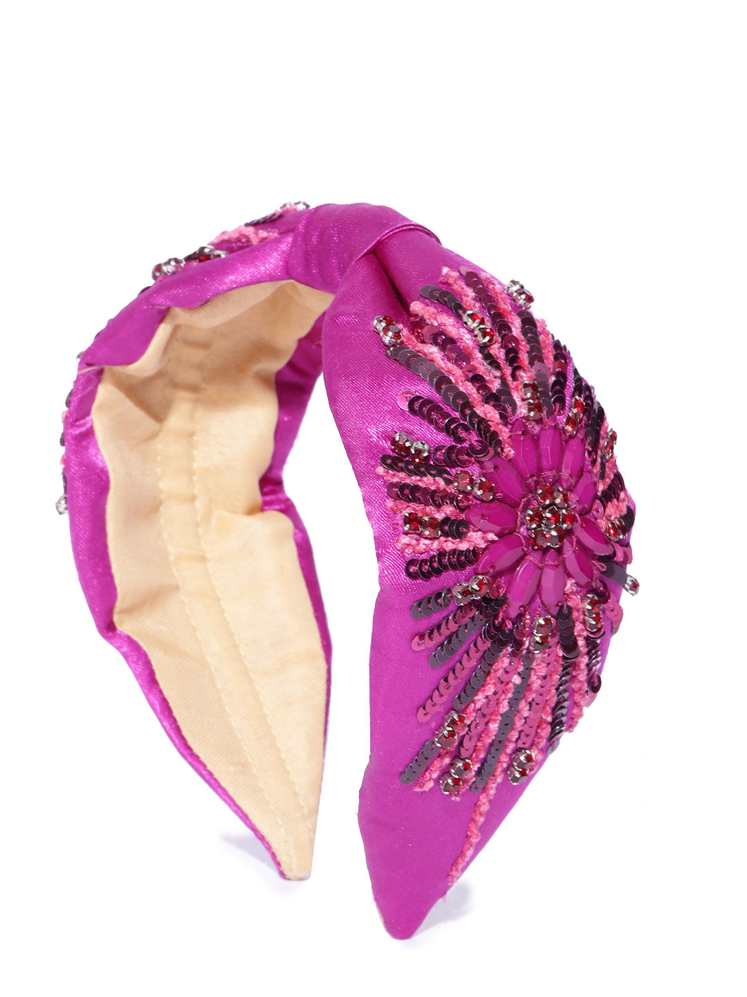 Blueberry pink colour sequins and stone embellished satin knot hairand