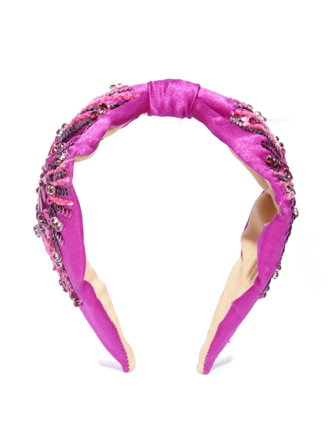 Blueberry pink colour sequins and stone embellished satin knot hairand