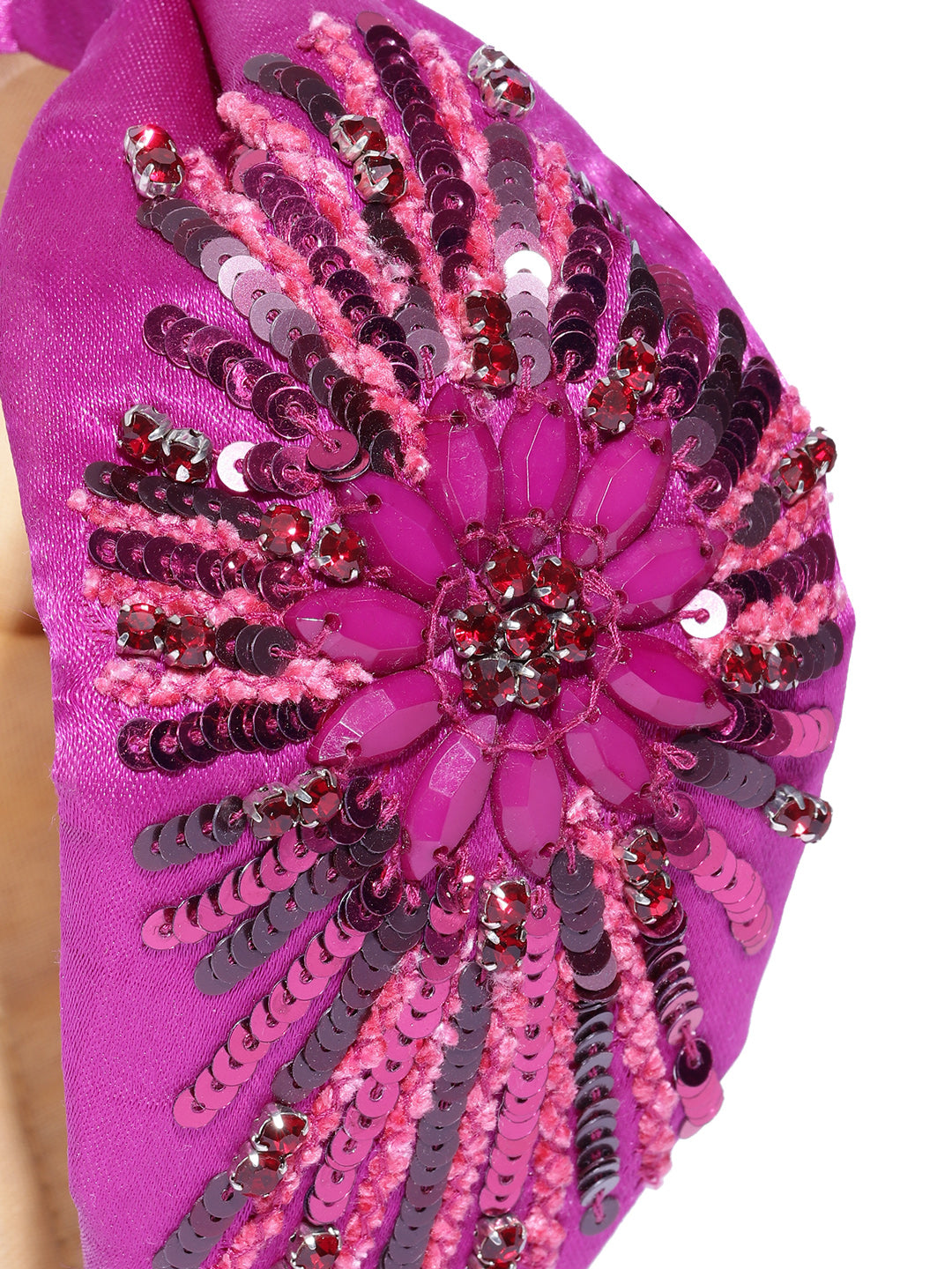 Blueberry pink colour sequins and stone embellished satin knot hairand