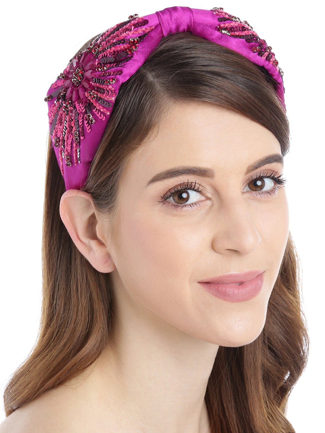 Blueberry pink colour sequins and stone embellished satin knot hairand
