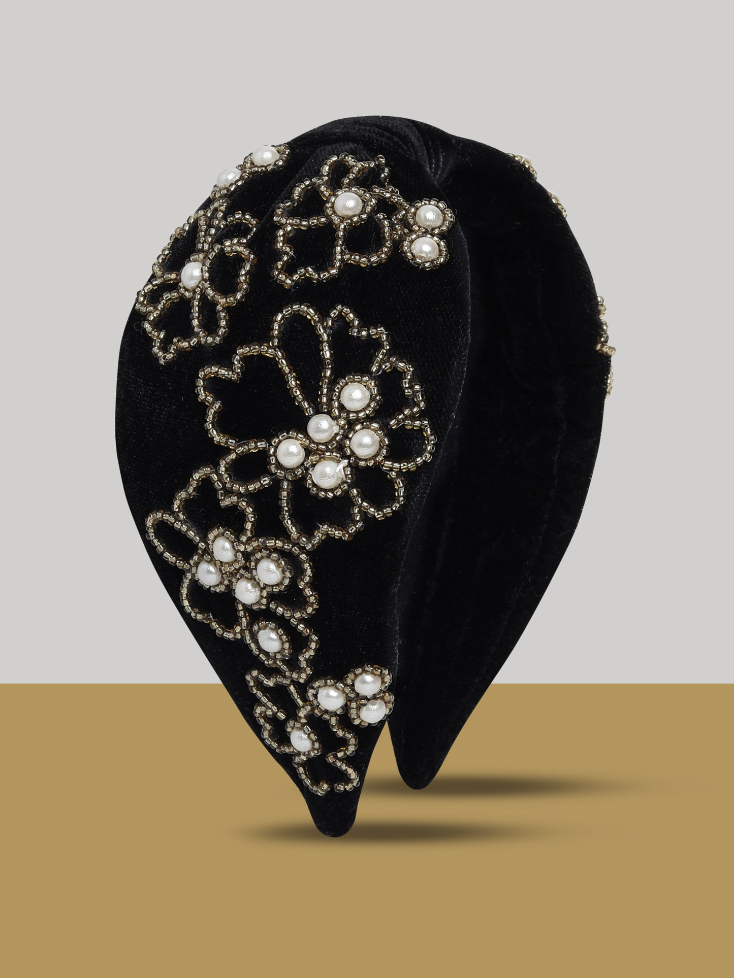 Blueberry black velvet hand beaded and stone embellished with embroidery knot hairband